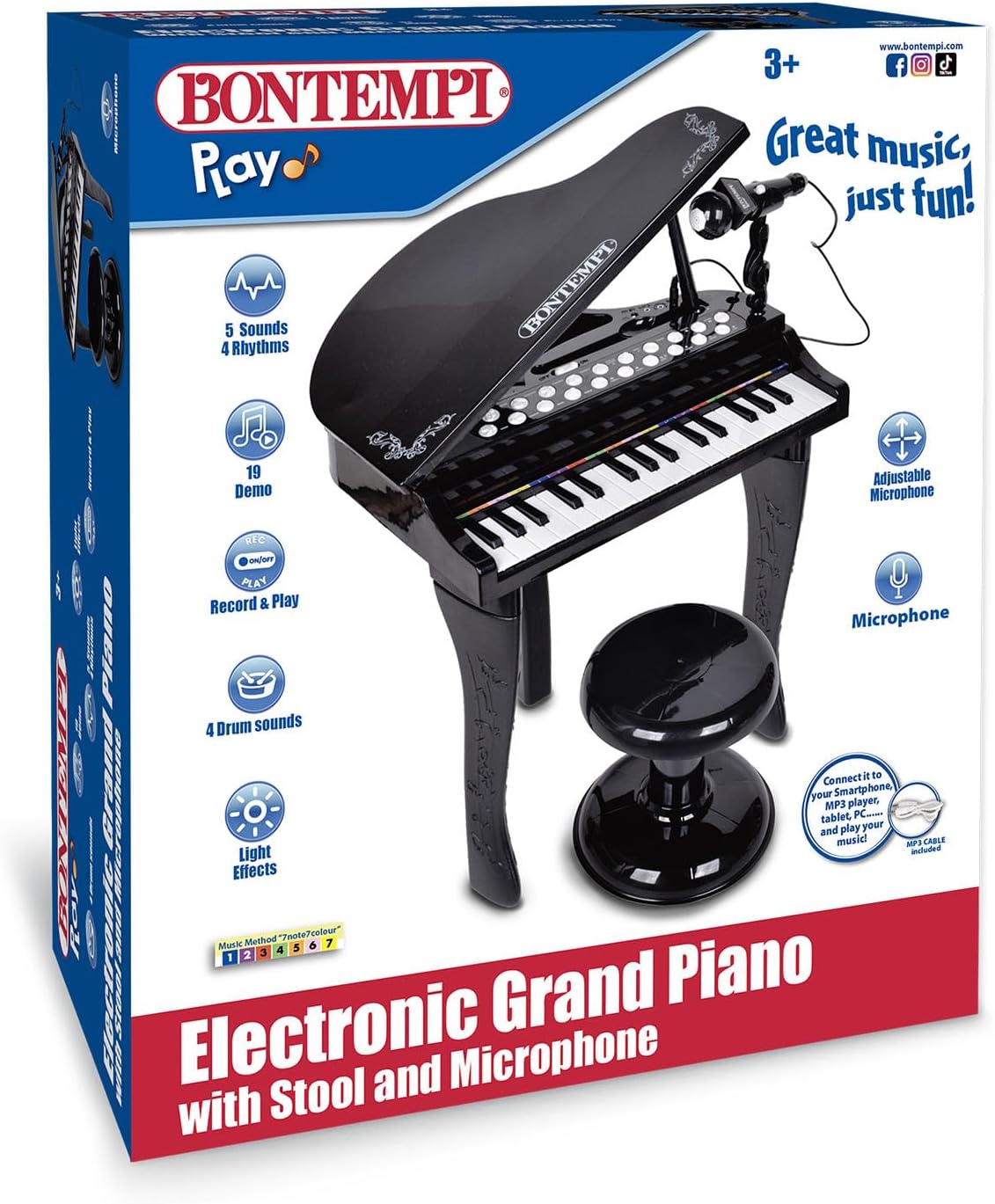 Bontempi | Electronic Tail Piano 32 Keys with Microphone and Stool, Bright Effects, 5 Sounds, 4 Rhythms, 19 Tracks, 53 x 40 x 32 cm