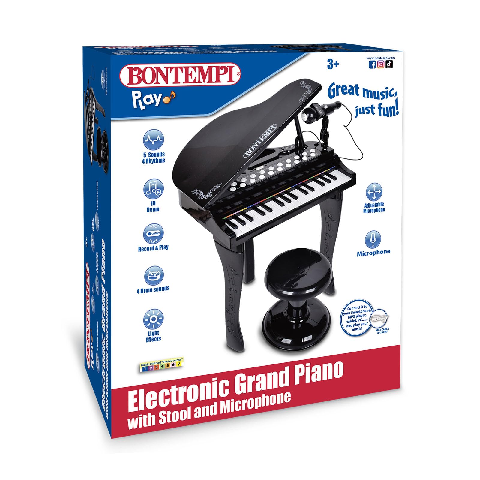 BONTEMPI - Klawiatura z nogami fortepianu koncertowego Elektroniczny fortepian 32-klawiszowy z mikrofonem i stołkiem Efekty świetlne 5 dźwięków 4 rytmy 19 utworów