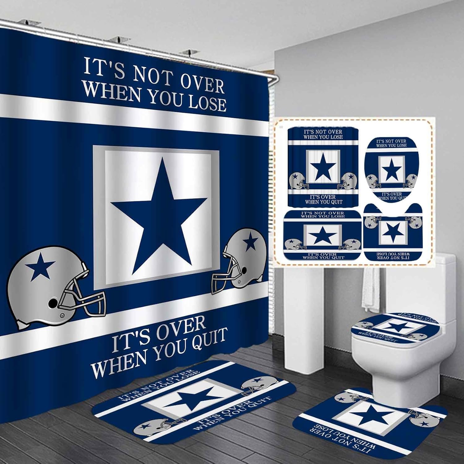 Namdeva 4PCS/Set Inspirational Quotes Shower Curtain, White Navy Blue Striped Texas Star Grey Helmet American Football Player Athlete Modern Cool Sports Bathroom Decor, Non-Slip Bath Rugs, Never Quit