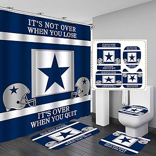 Namdeva 4PCS/Set Inspirational Quotes Shower Curtain, White Navy Blue Striped Texas Star Grey Helmet American Football Player Athlete Modern Cool Sports Bathroom Decor, Non-Slip Bath Rugs, Never Quit