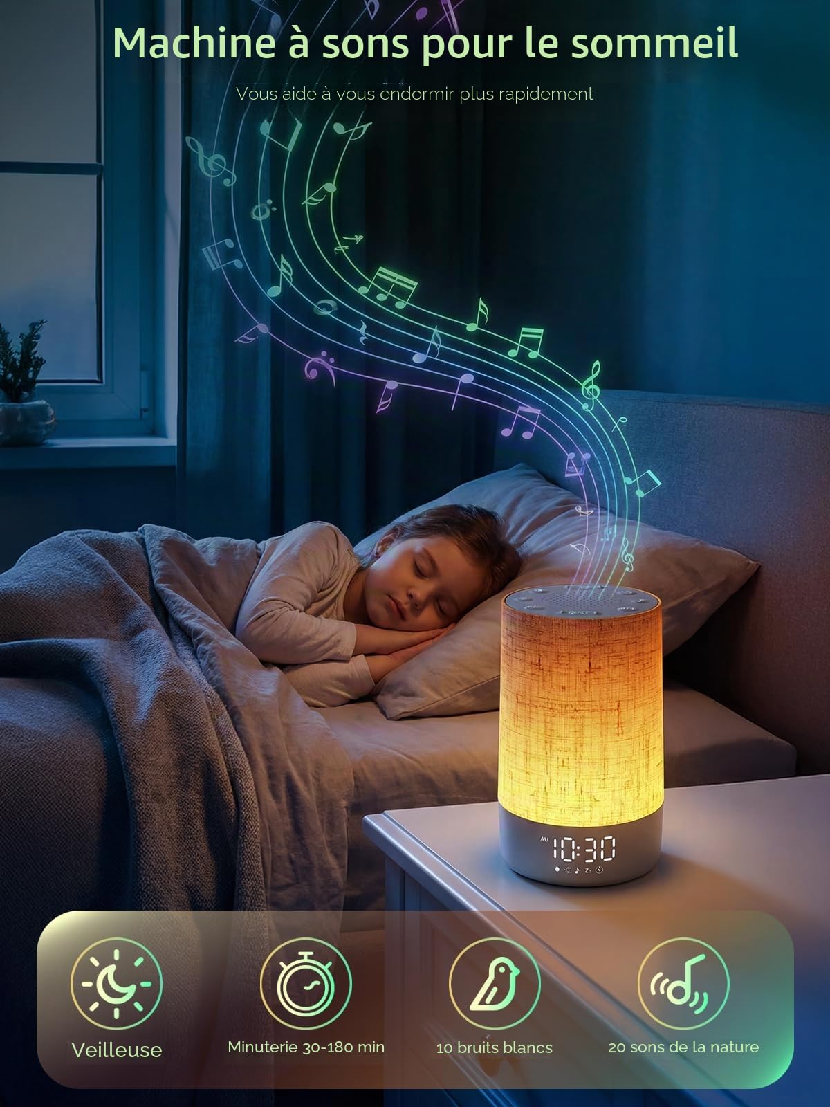 Réveil Lumineux Simulateur d'Aube, Lampe de Reveil avec 30 Sons pour Dormir, LED Lampe de Chevet à Intensité Variable, Fonction Charge, Snooze, Minuteur, 13 Niveaux de Luminosité, pour Chambre