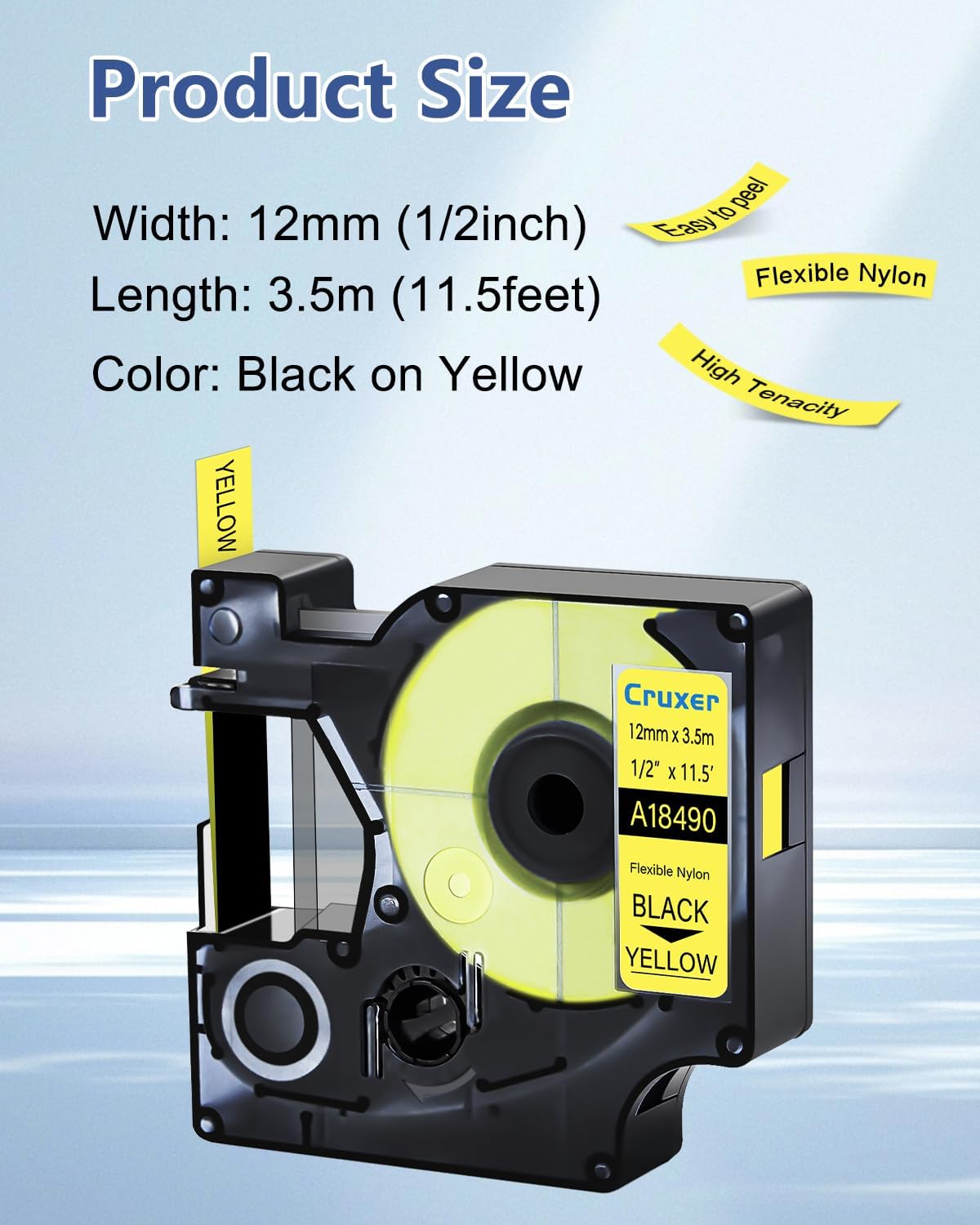 Compatible 18490 Industrial Labels Replacement for Dymo Rhino Labels Black Print on Yellow Nylon Tape for Dymo Rhino 5200 4200 5000 6000 Industrial Label Makers, 1/2" x 11.5'(12mm x 3.5m), 10-Pack