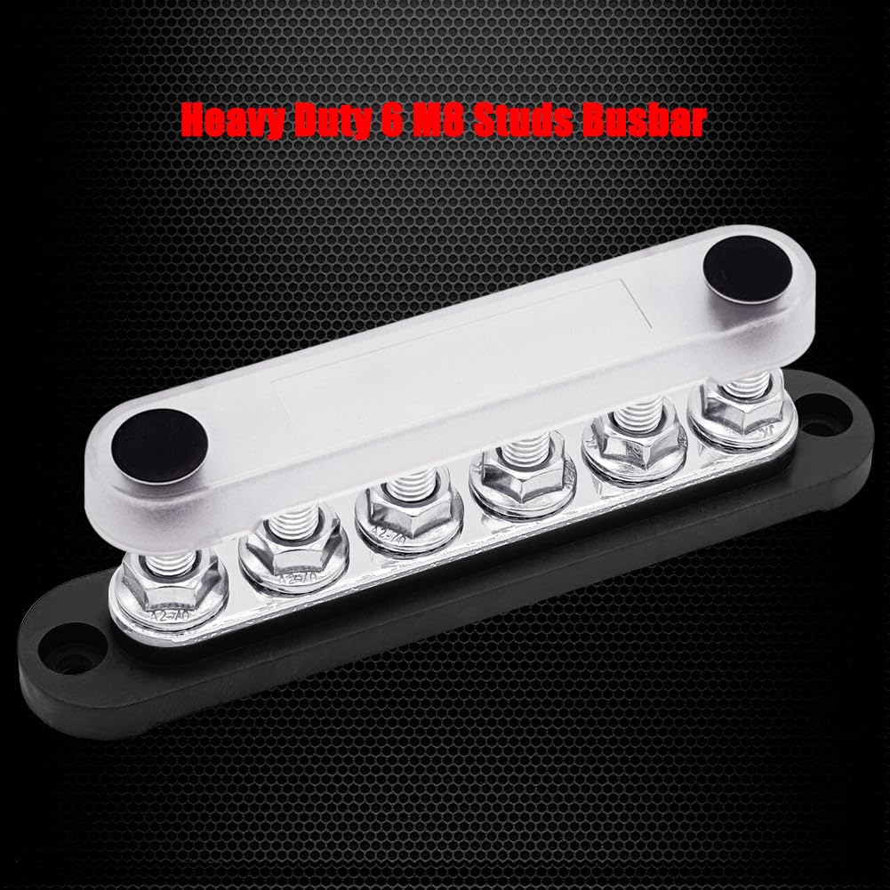 6 x 5/16" (M8) Studs Ground Distribution Block Bus Bar, Ampper 5.9" 12V 200A Battery BusBar with Cover for Auto, Boat and Solar (Black)
