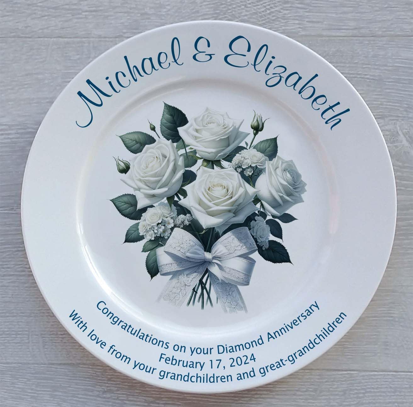 Personalised Diamond Wedding Anniversary Plate with a Plain Rim - White Rose Design