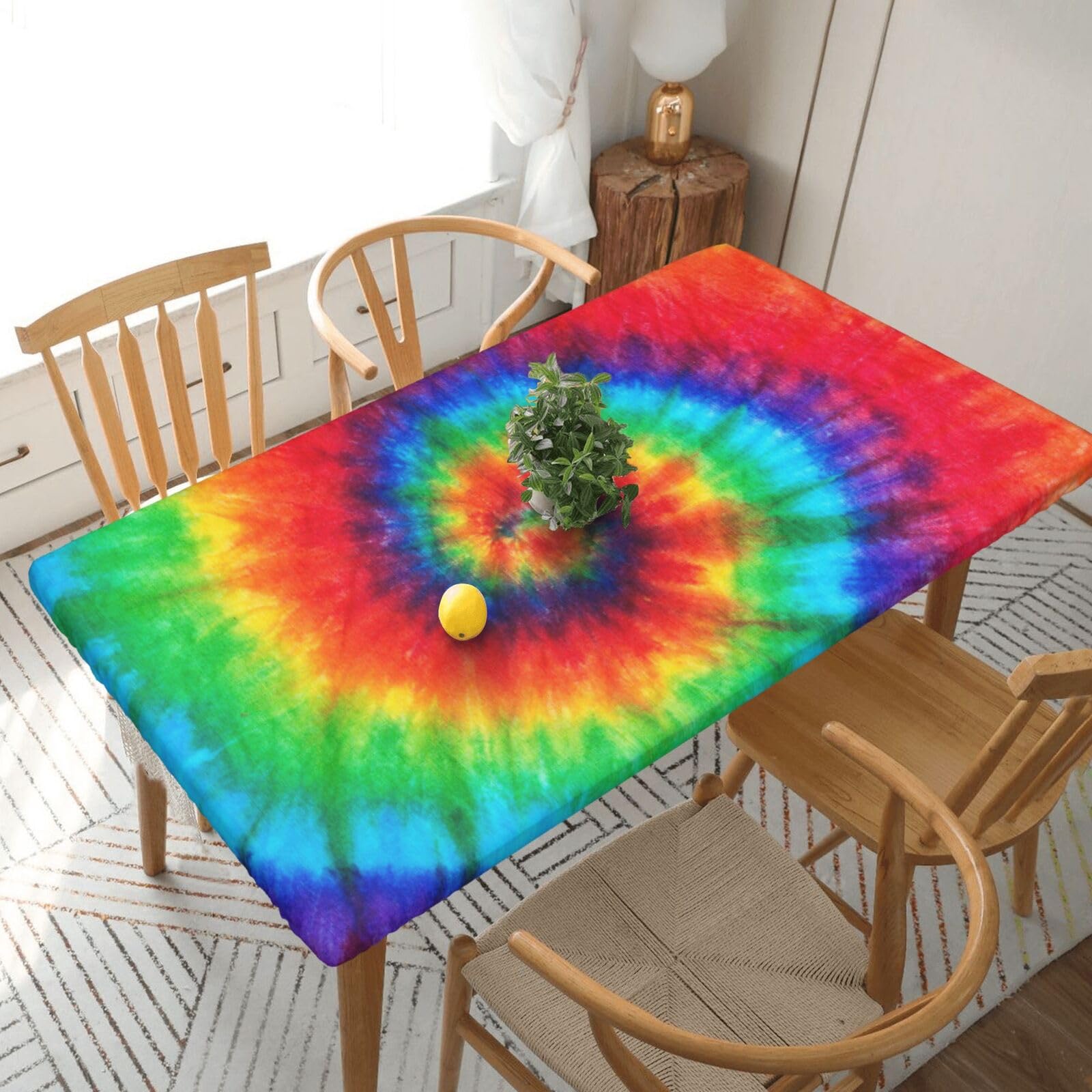 Tie Dye Rainbow Print Elastic Edge Fitted Tablecloth Cover 5 Foot Rectangle Table , Waterproof And Wipeable Tablecloth Covers For Elastic Edged Table Cover For Indoor Outdoor Patio Picnic 30 X 60 Inch