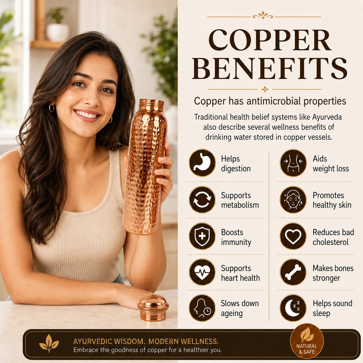 Pure Copper Water Bottle - Ayurvedic Health Benefits -2