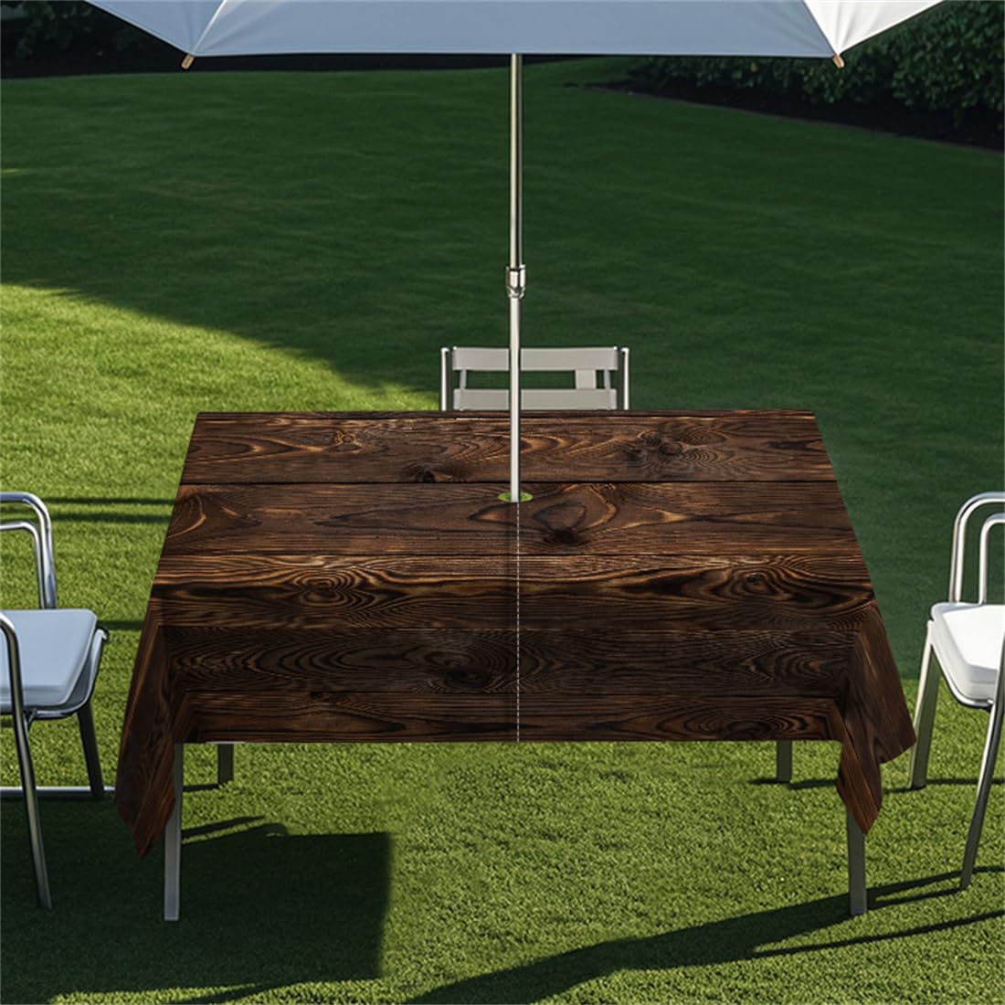 Odot 3D Wood Pattern Tablecloths Rectangular Waterproof,Wipe Clean Garden Outdoor Table Cloth with Umbrella Parasol Hole and Zipper Table Cover for Garden, BBQ, Party (Dark Brown,259x152cm)