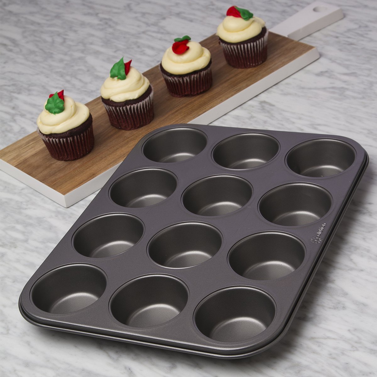 Ecolution 12 Muffinförmchen, Backgeschirr, antihaftbeschichtet, robuster Karbonstahl, Grau