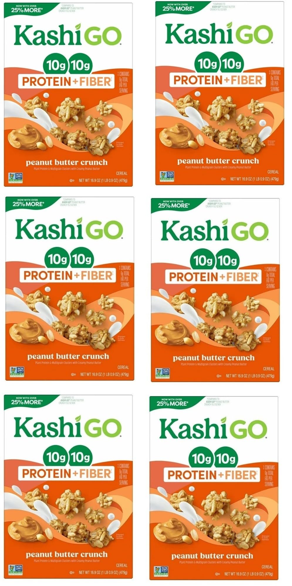 Cold Breakfast Cereal - Vegan Protein - Fiber Cereal - Peanut Butter Crunch byKashi- 16.9 Oz Box - Pack of 6