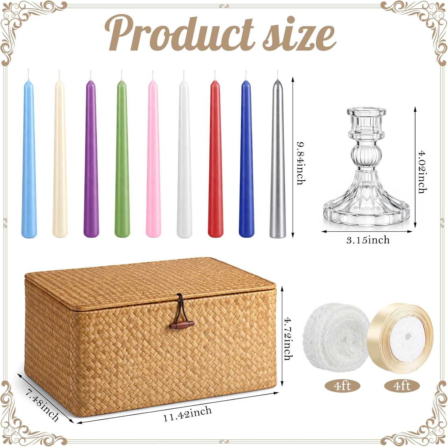 MTLEE Basket of Candles Wedding Gift Bridal Shower Wedding First Year Anniversary Candle Set for Couple Newlyweds Unique Meaningful Tradition 18 Taper Candles & 2 Glass Candleholders & Basket & Ribbon