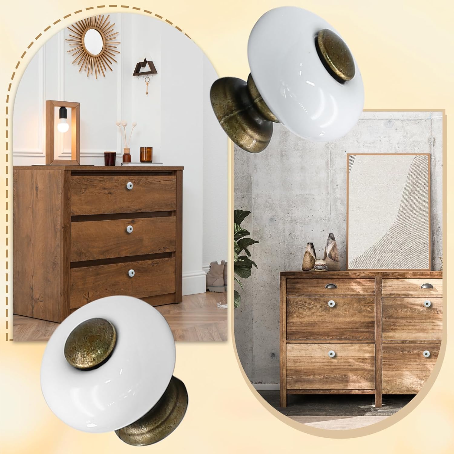 6pcs White Ceramic Drawer Knobs, Vintage Dresser Knobs with Antique Bronze Point & Base, Decorative Pull Handles for Closet, Cupboard (Small)