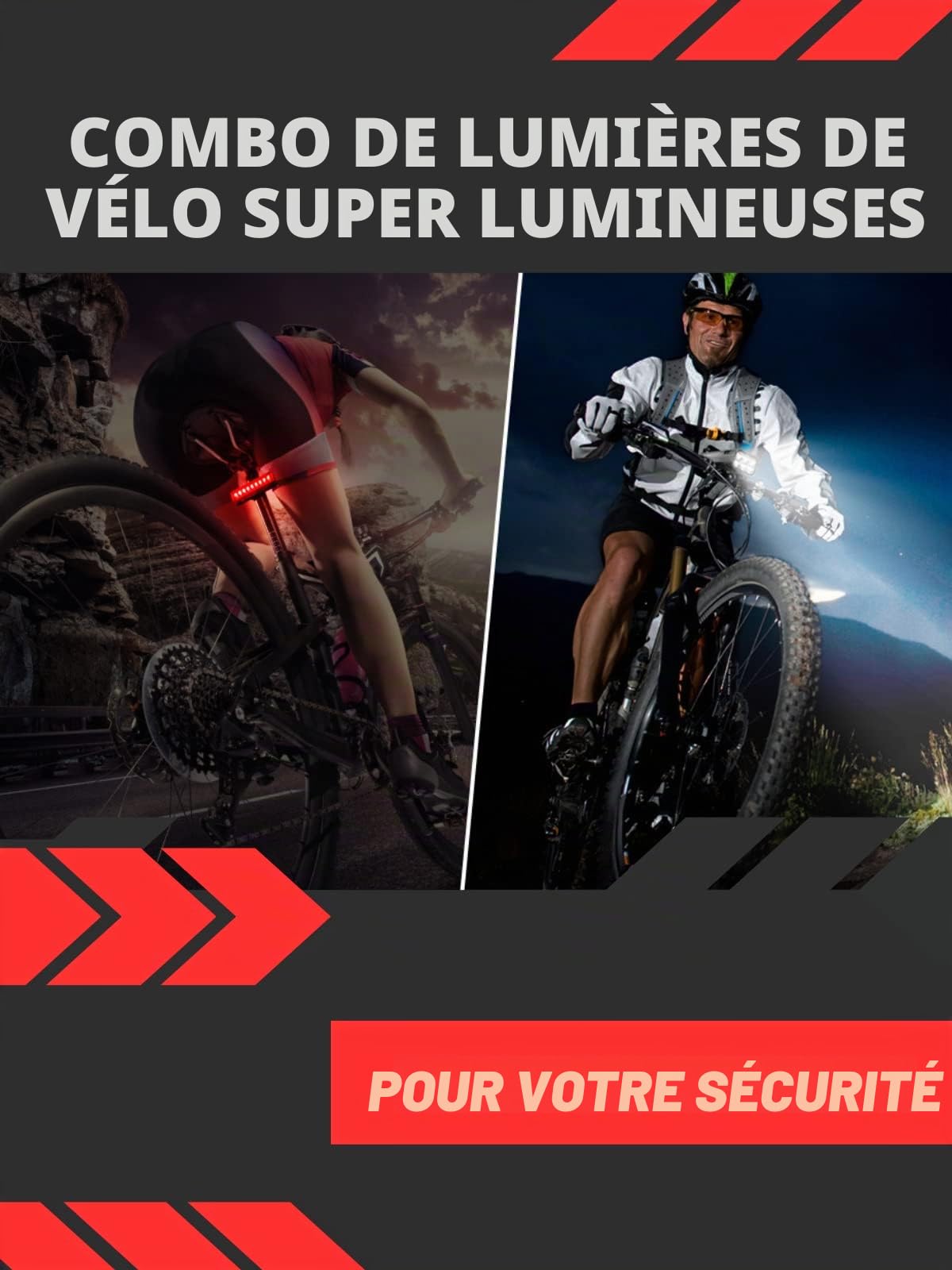 Phares de vélo avant et arrière de 9500 lumens pour conduite de nuit, 10 000 mAh rechargeable par USB, 6 LED, 5 + 5 modes, phare et feu arrière pour vélo - Durée de vie de plus de 60 heures,