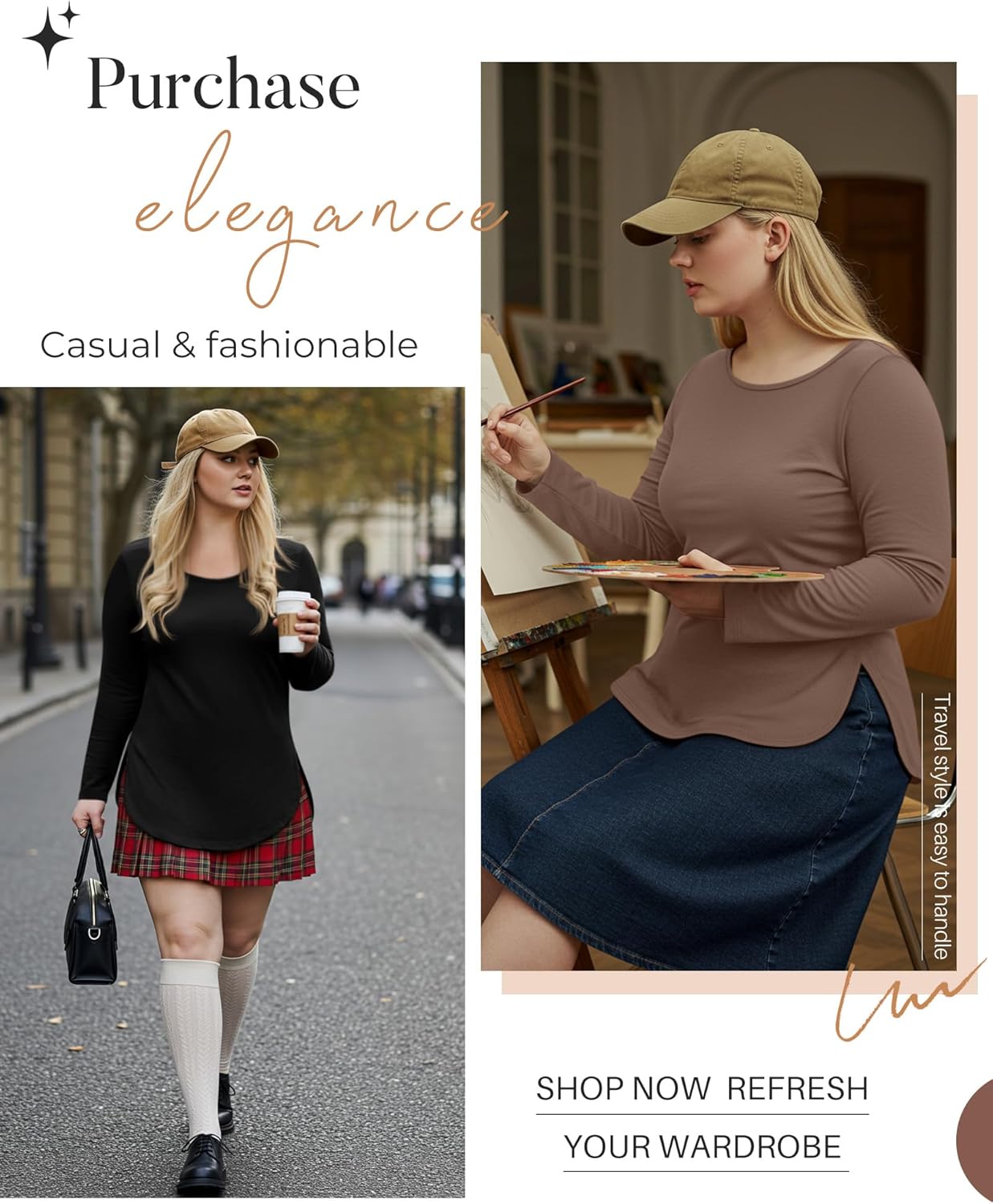 Ficerd 3 Pack Women's Plus Size Long Sleeve Tunic Tops Crewneck Loose Shirts Casual Curved Hem Side Split Basic Tee - Image 4