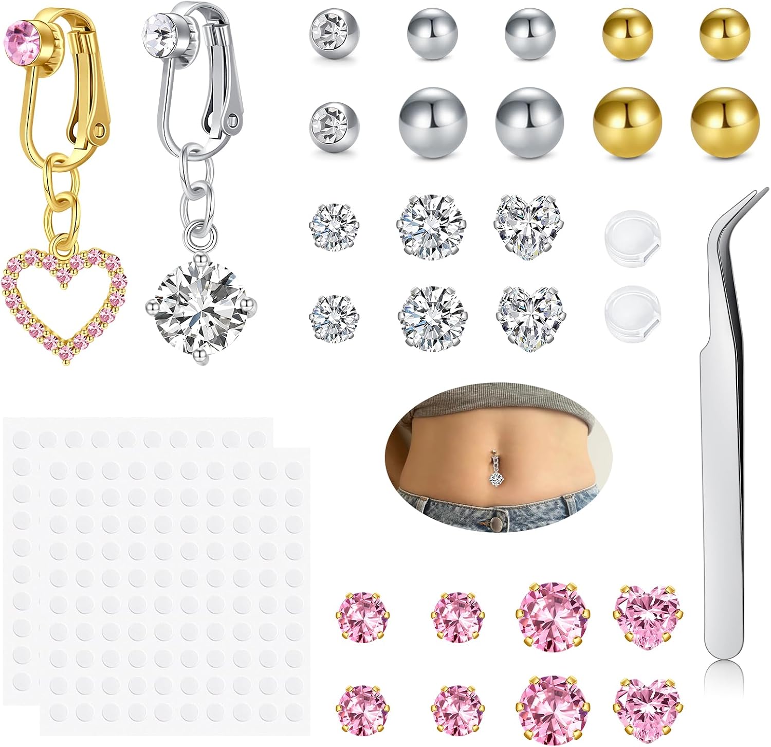 QWALIT Gold Fake Belly Piercing Cubic Zircon Butterfly Clip on Belly Button Rings Stick on Navel Ring Studsnon Piercing Fake Piercing Jewelry Pink Heart Silver Sticky Balls no Pierced