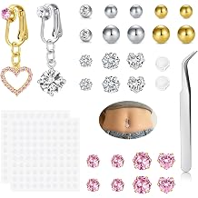 QWALIT Gold Fake Belly Piercing Cubic Zircon Butterfly Clip on Belly Button Rings Stick on Navel Ring Studsnon Piercing Fake Piercing Jewelry Pink Heart Silver Sticky Balls no Pierced