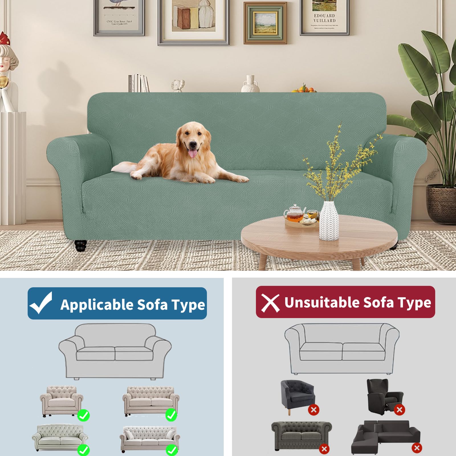 YSTELLAA Housse De Canapé 2 Places avec Accoudoirs, Housse Canapé Extensible, Universelle Protege Sofa, Sofa Cover Antidérapante, Griffures, Antisalissure, pour Le Salon, Vert Clair