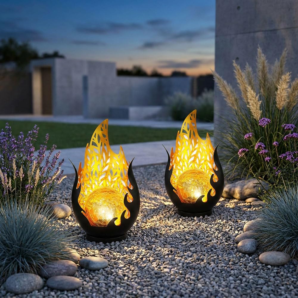 Gartendeko Solarlampen für Außen Outdoor Balkon Deko schwarz gold Flammenoptik Glaskugel, IP44 Akku Metall, 1x LED, LxBxH 16,5x12,5x26,5 cm, 2er Set