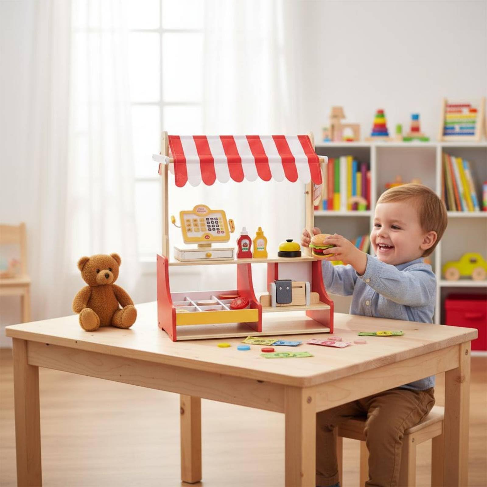 Cucina Giocattolo per Bambini Chiosco Hamburger Panini Registratore Cassa Monete Gioco Ripiani Legno Adatta per Gioco di Ruolo Ristorante Gioco Educativo Casa Aula Cameretta 52cm