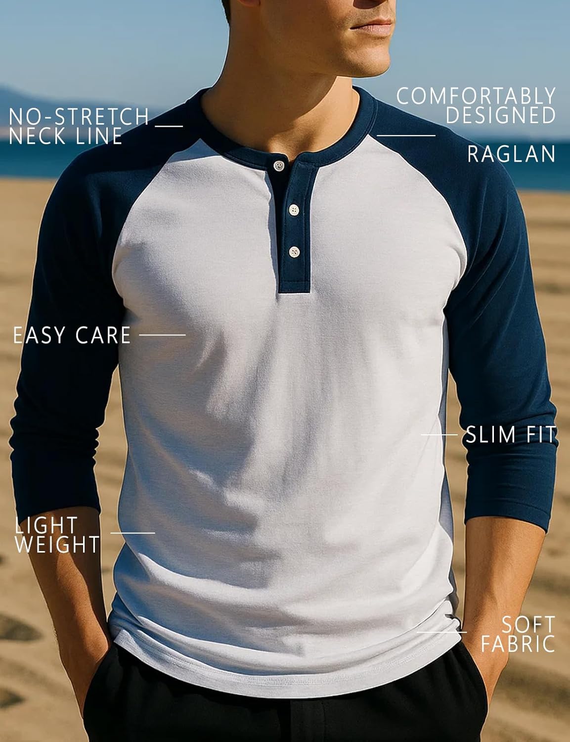 H2H Mens Casual Slim Fit T-Shirts Henley Shirts Raglan Long & 3/4 Sleeve Jersey Baseball T Shirts