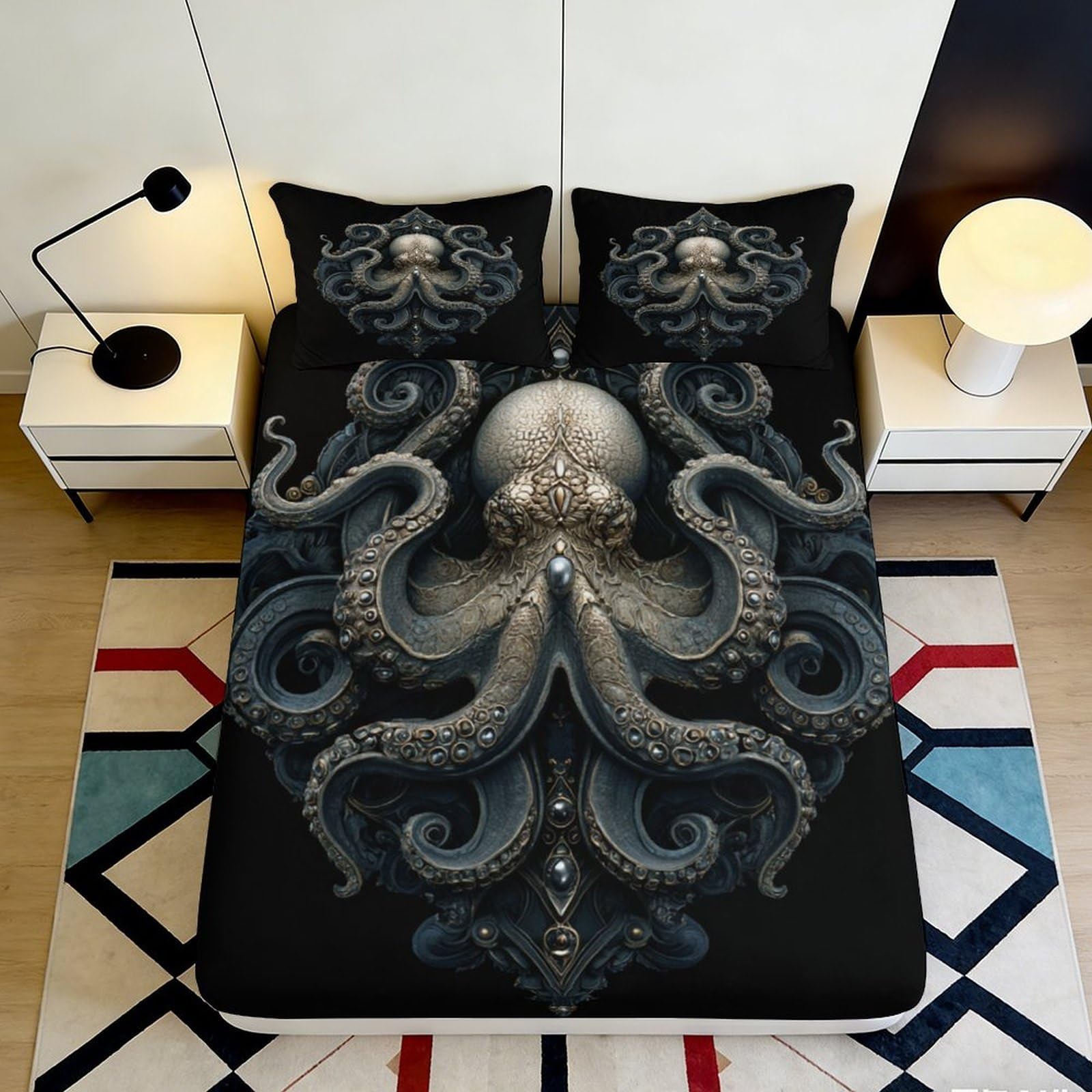 3D Printed Octopus Ocean Fitted Sheet Microfiber Soft Black Sea Bed Sheet for Bedroom Dorm Mattress Protection Decor 90x200x25cm