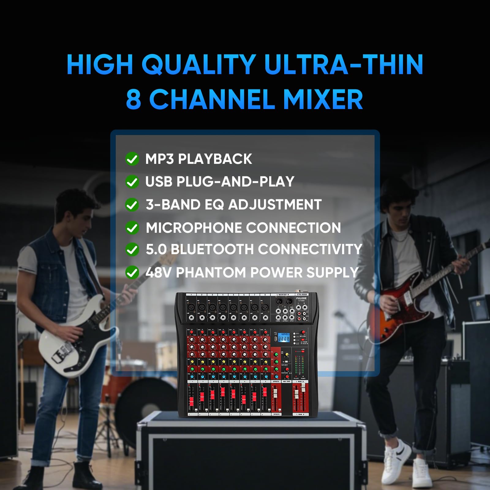 Audio Mixer 8 Channel, CT-80S Professional Sound System Mixer Board DJ Mixing Console with Reverb MP3 Player Bluetooth 48V Phantom Power Supply USB Recording for Studio Karaoke Live Music