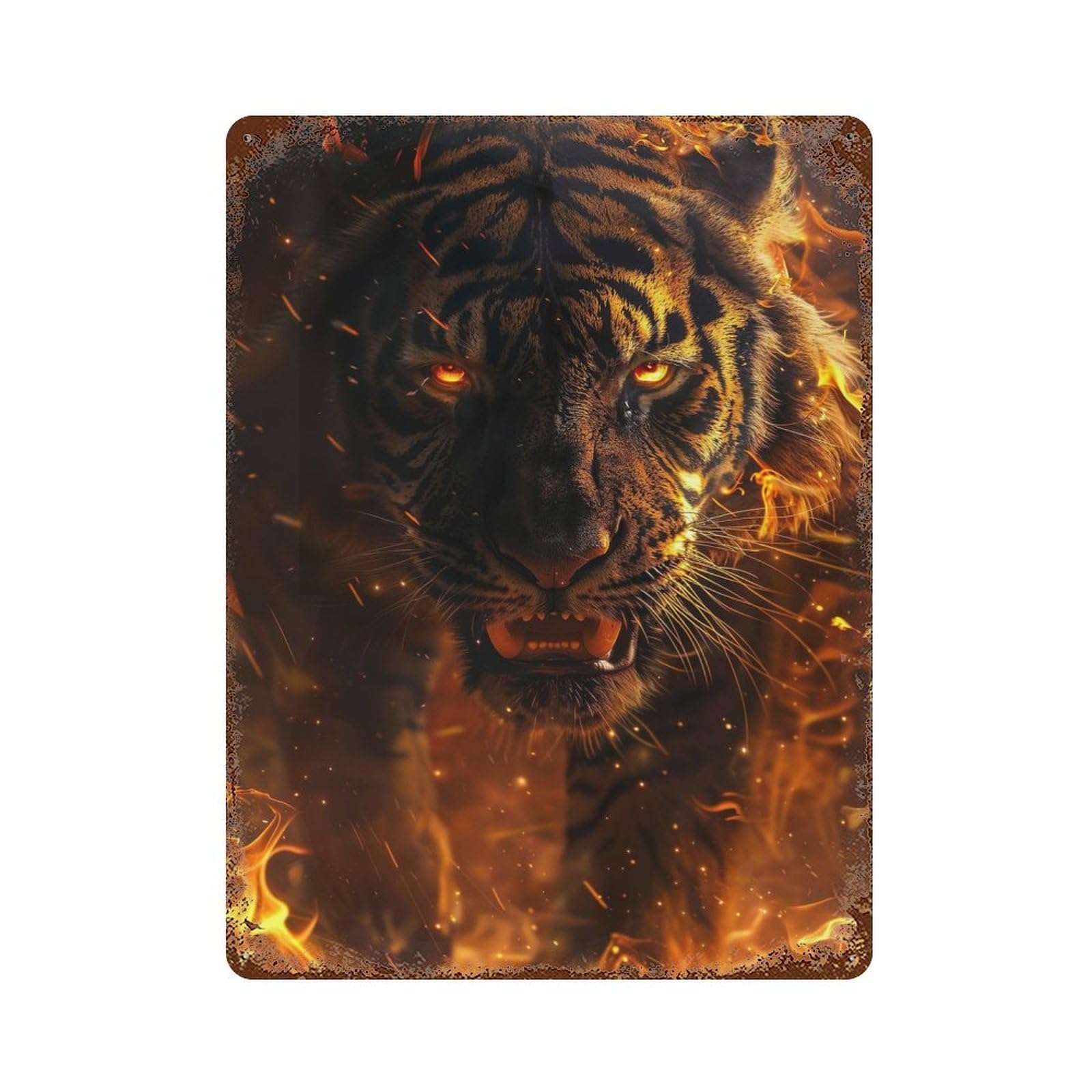 Distressed Metal Wall Sign with Wild Tiger on Fire Design 15.7"x11.8", for Shed, Workshop And Garage Wall Decor, Decorative Metal Wall Art