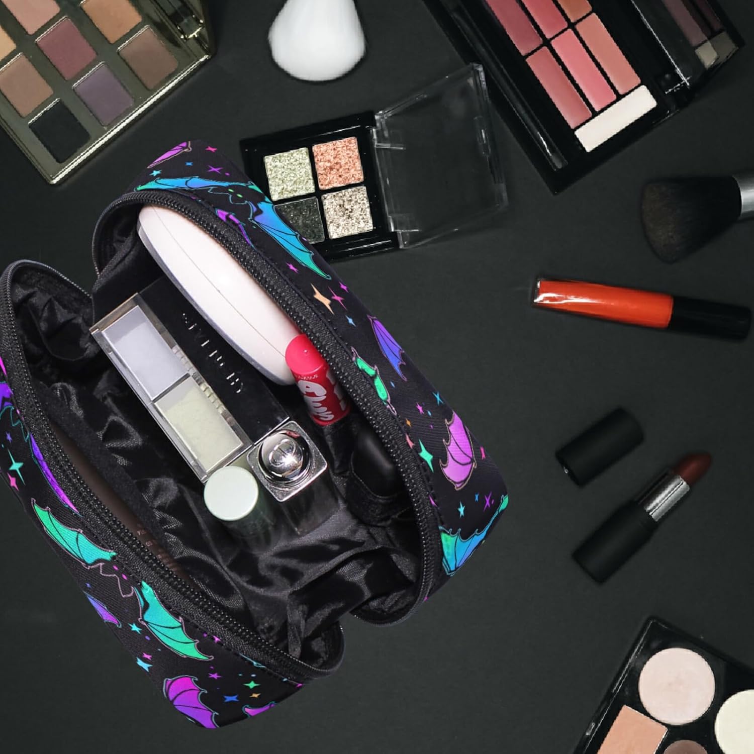 MNSRUU Small Cosmetic Bag for Girl Women Travel, Halloween Luminous Bats Makeup Toiletry Organizer Bags with Compartments - Image 5