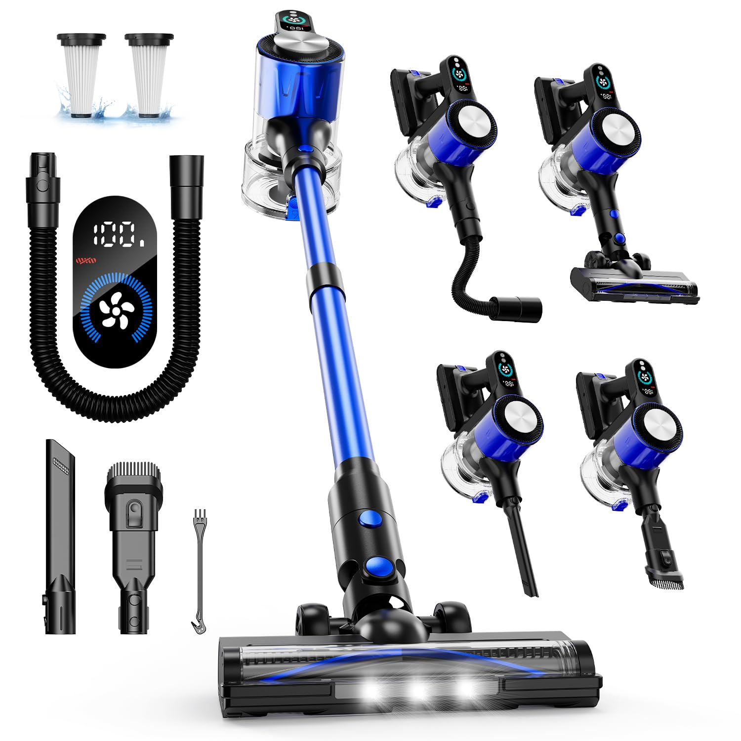 Aspirapolvere Senza Fili, Aspirapolvere con Ricaricabile, 500W/50KPA, 3 Modalità, 2 Filtro, Anti-groviglio, Display LED, Scopa Elettrica Senza Fili con Spazzole Multiple, Peli Animali, Pavimento