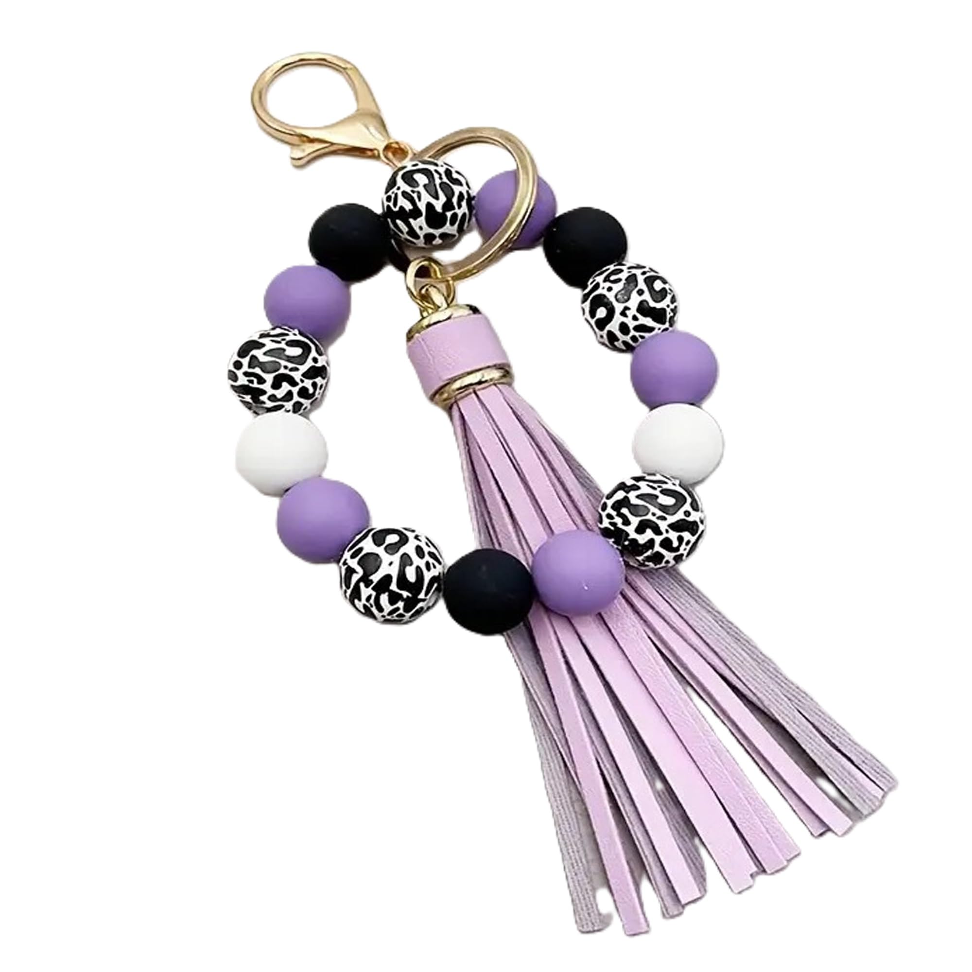 Black Leopard Print Wood Beads Bracelet Keychain Wristlet for Women, Cute Key Ring PU tassel Beaded Bangle Bracelets (Purple)