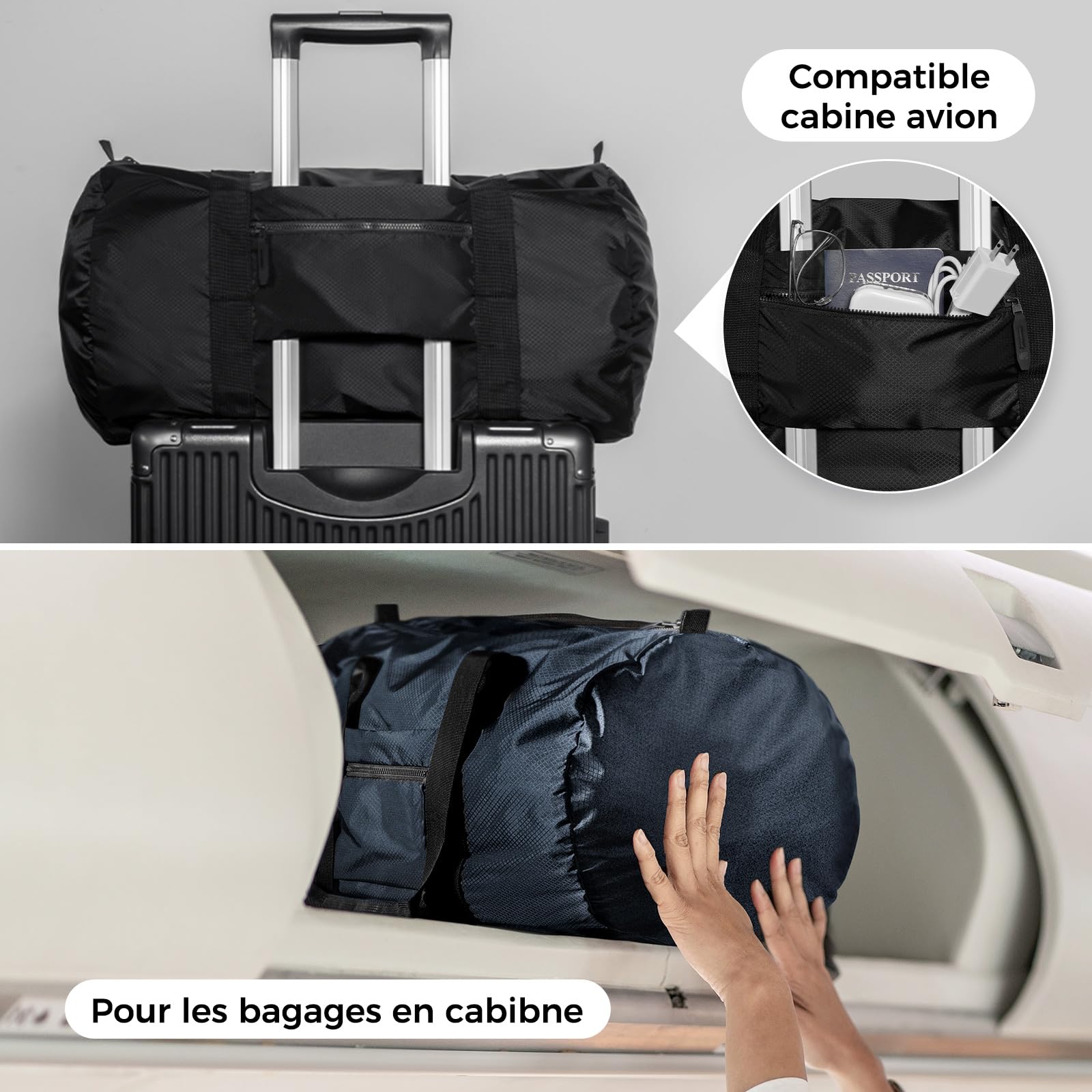 pack all Sac de Voyage Pliable 45 L, Léger et Résistant à l'eau, Noir | Sac de Voyage Week-end en Nylon Anti-Déchirure, Fermetures Éclair YKK Fluides, Ultra Léger et Portable, Coutures Renforcées