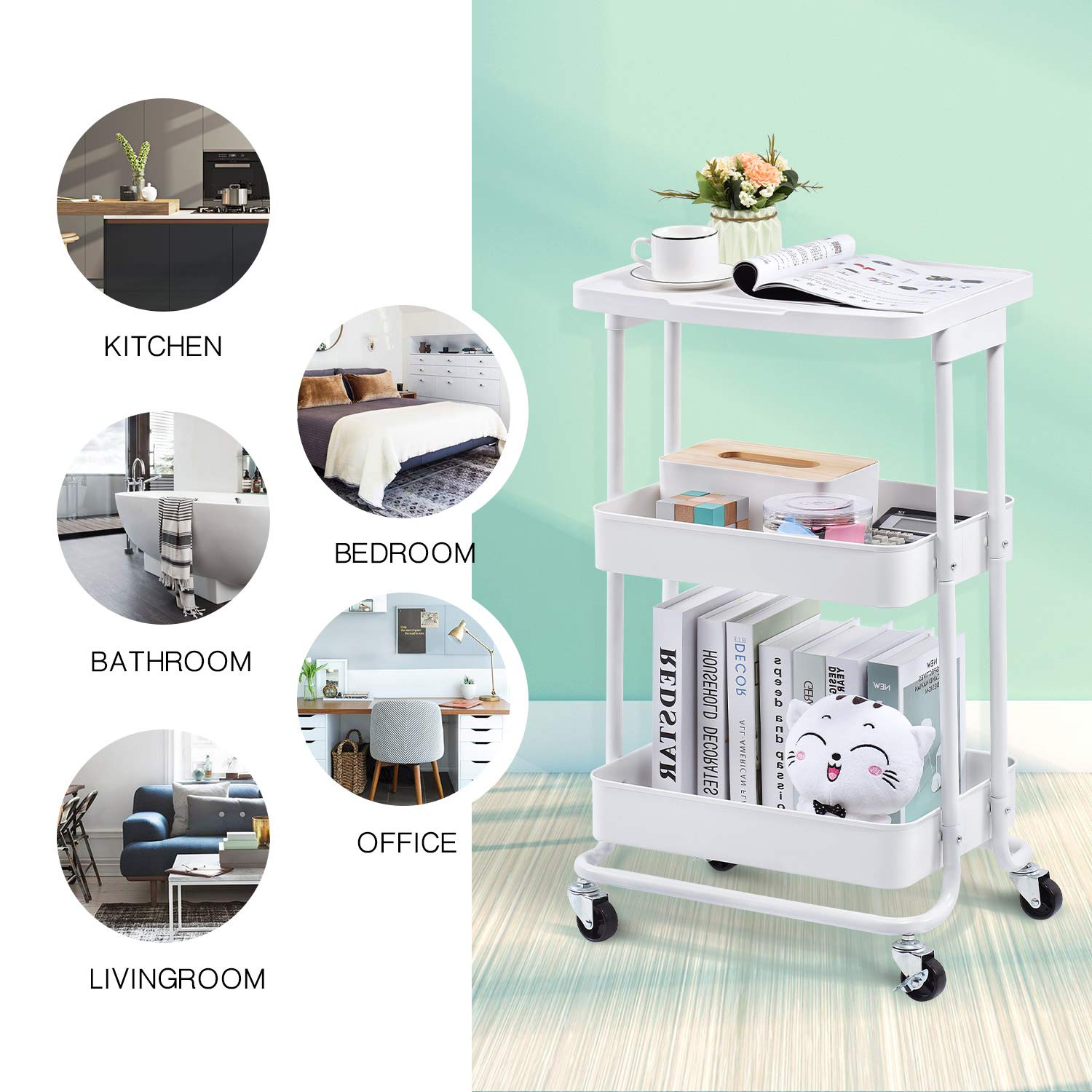 TOOLF 3Tier Metal Rolling Storage Cart with Practical Tabletop, 3Tier