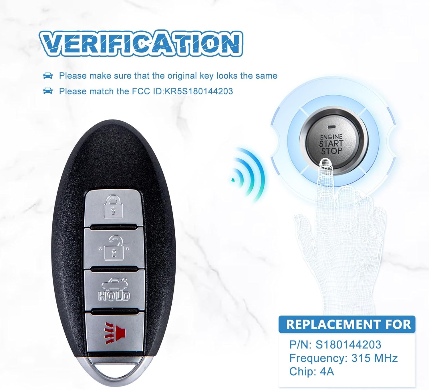 Key Fob Replacement Compatible for Infiniti Q50 Q60 2014 2015 2016 Smart Key Car Keyless Entry Remote Control Remote Start KR5S180144203 (Pair)