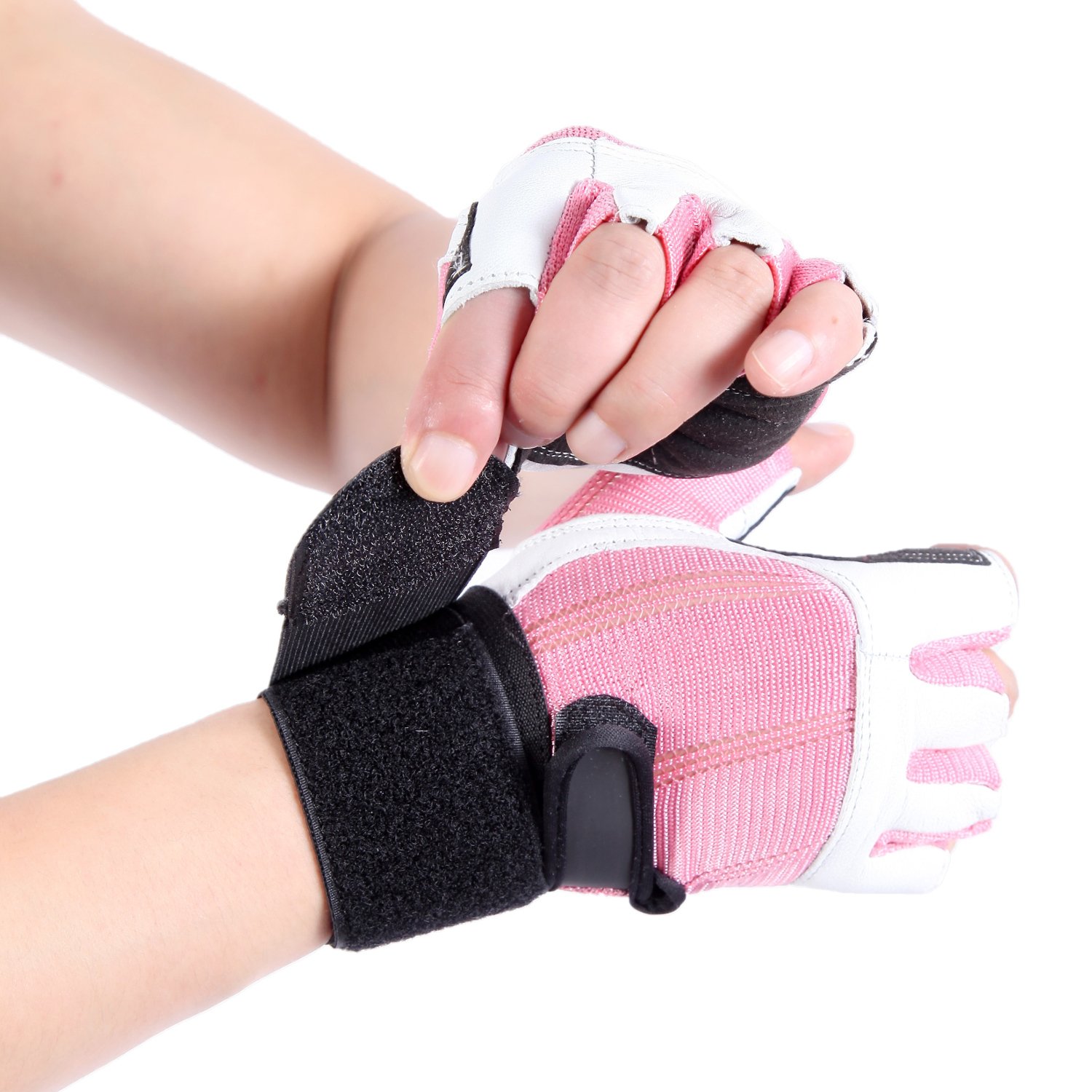 Piel suave Gimnasio Levantamiento de pesas guantes sin dedos con 12 "muñeca apoyo gimnasio con doble costura estilo para hombres y mujeres Brawn Fit, Rosado/Blanco