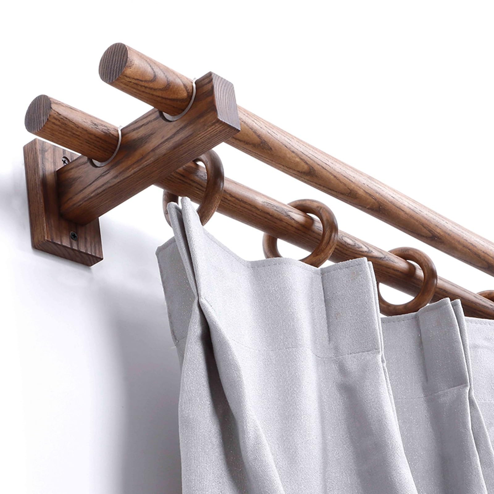 Tringle à rideaux double en bois de noyer massif de 100,1 cm pour extérieur, chambre à coucher, cuisine et salon, décoration élégante de style romain