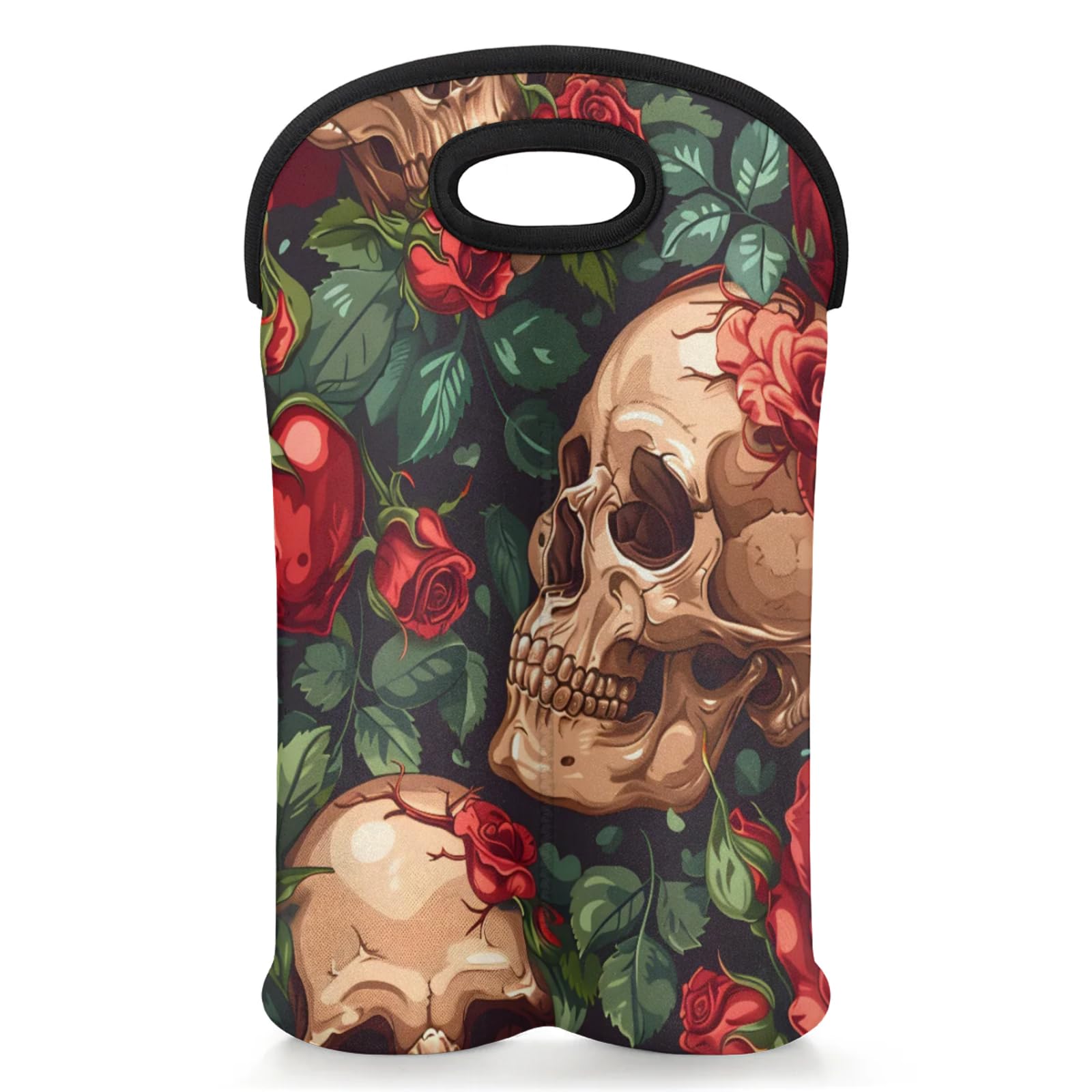 GzLeyigou 2 Bottles Skull with Rose Wine Bag Sleeve Totes Neoprene Protective Wine Carrier Bag for Wine,Water, Champagne, Beer, Baby Bottles,Gift 14.5 x 10 Inches