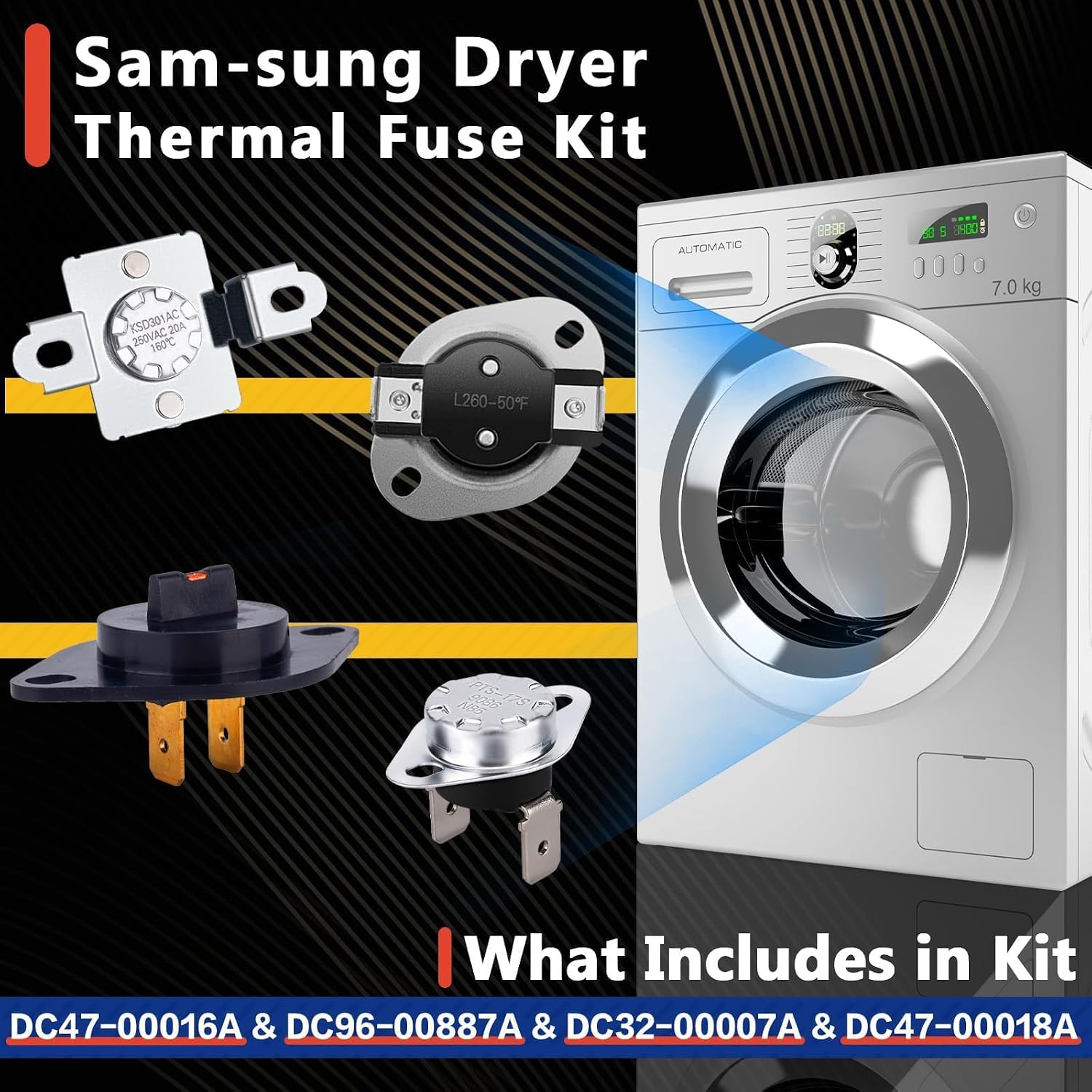 DV45H7000EW/A2 DV42H5000EW/A3 Dryer Thermostat & Thermistor & Thermal Fuse Repair Kit Fit for Sam-sung DV48H7400EW/A2, DV42H5200EW/A3, DV42H5200EF/A3, DV40J3000EW/A2, DV42H5200EP/A3, DV48J7700EP/A2