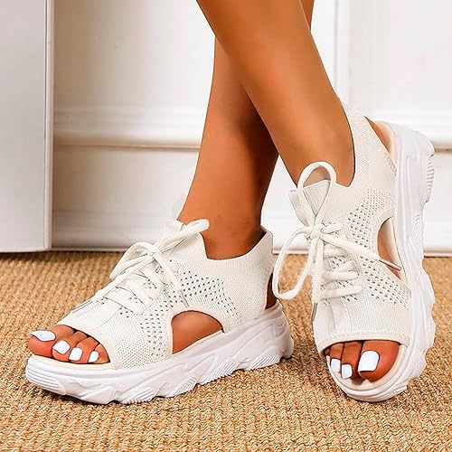 Miniatura 3 de Dheva-C Sandalias ortopédicas de cuña para mujer, de verano, elegantes, de malla, informales, con suela gruesa, con cordones, puntera abierta