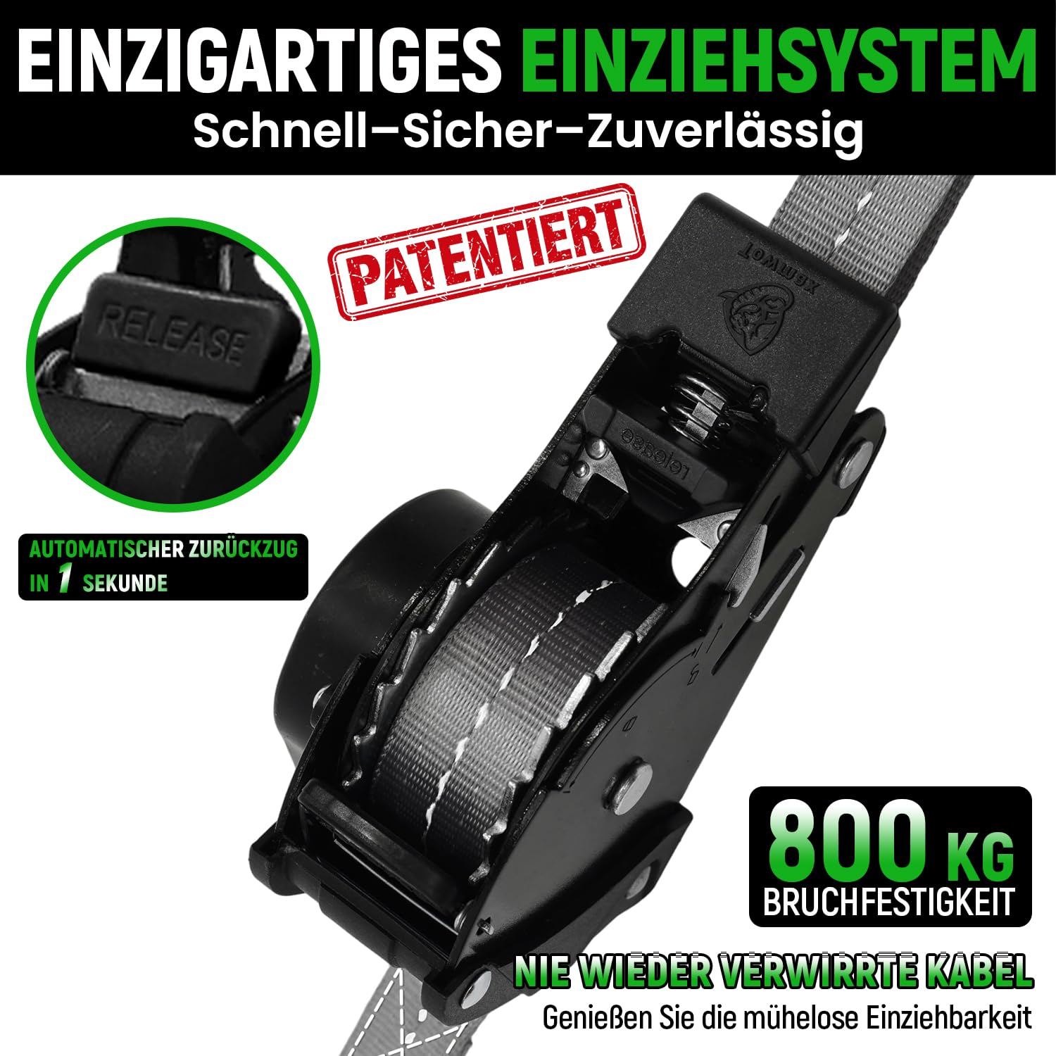 Automatik Spanngurt, 3,6m x 25mm Automatik Zurrgurt mit S Haken | 800kg Bruchlast Einziehbare Spanngurte, Selbstaufrollende Spanngurte für Motorrad, Kajak, LKW und Anhänger (Grau, 4 Stück)