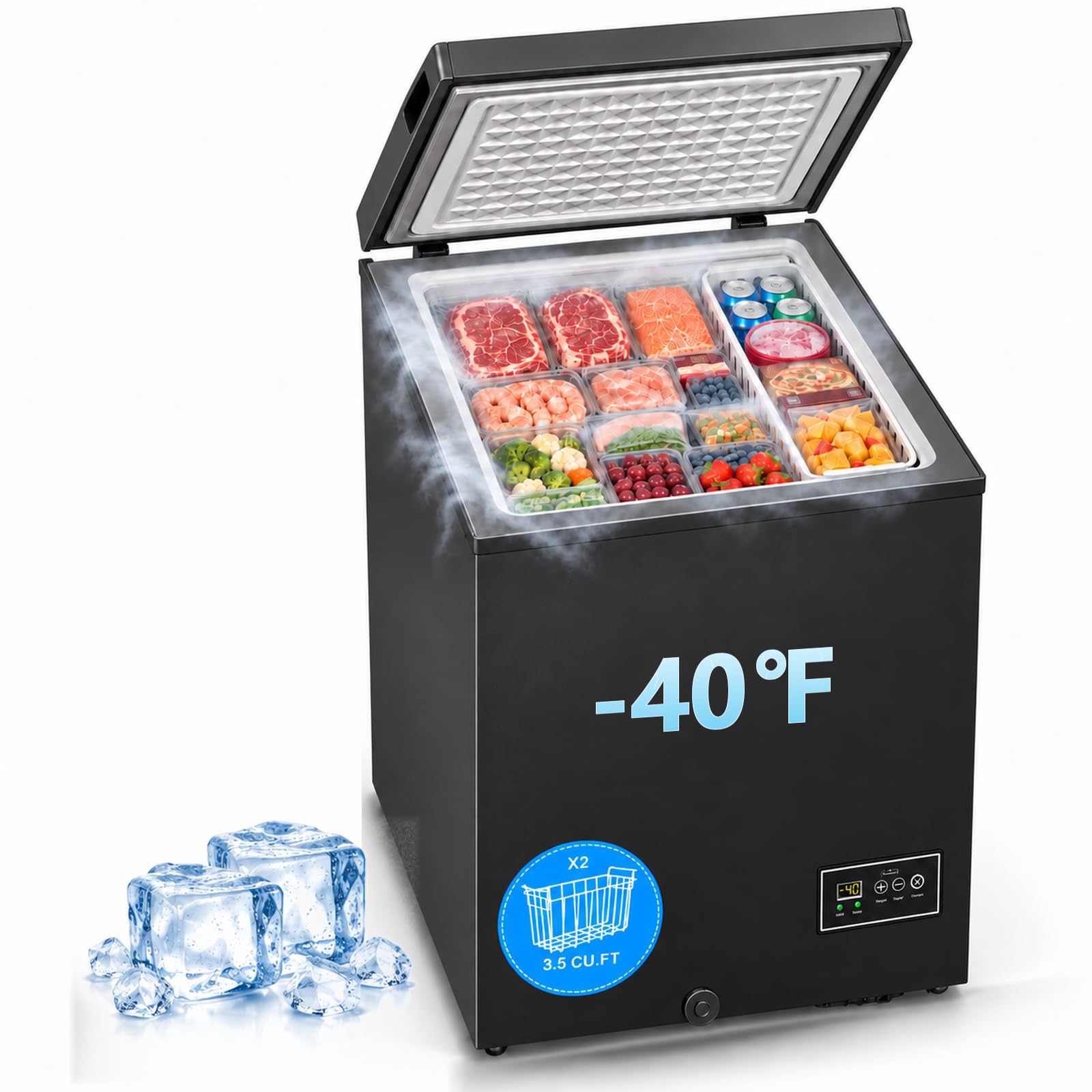 COWSAR 3.5 Cu.Ft Chest Freezer, 14℉ to -40℉ Ultra-Low Temperature Deep Freezer with 2 Removable Stainless Steel Baskets, Electronic Control, 7 Level Adjustable Thermostat