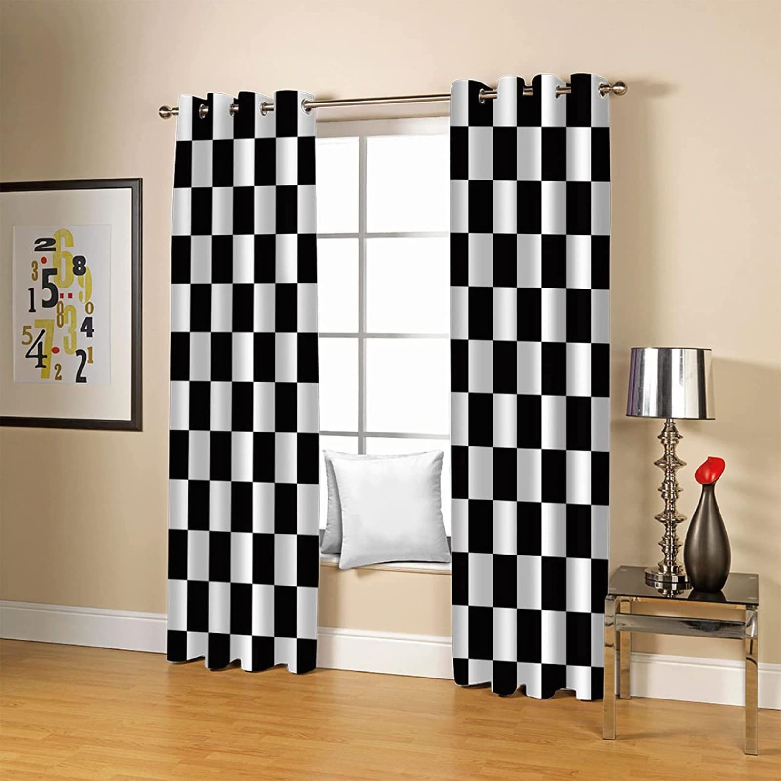 Damier Noir et Blanc Rideau Occultant 3D Rideaux Damier Noir et Blanc Rideaux Occultants 280x175 cm Rideau Chambre Salon Décoration à Oeillets Thermique Lsolant Rideaux Occultant 2 Pièces