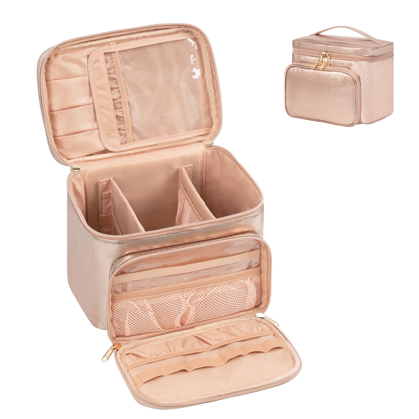 Relavel Large Makeup Bag, Portable Travel Makeup Bag for Women Girls with Makeup Brush Compartment, Stylish Makeup Bag Organiser Cosmetic Case with Handle and Divider for Black (Rose Gold)