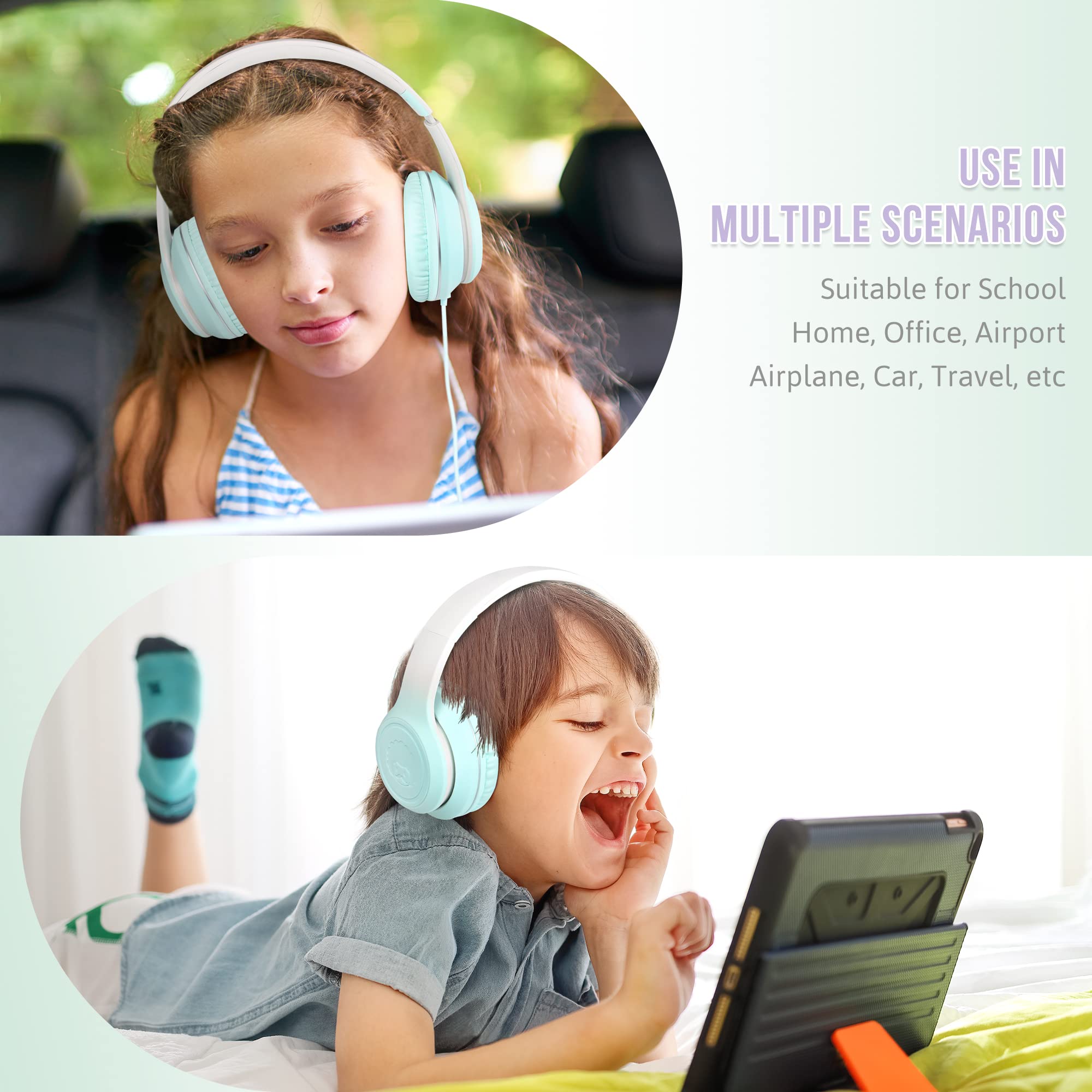 RockPapa L22 Kinder kopfhörer, Kabel Kopfhörer für Kinder, 3,5 mm Aux Jack, Verstellbares Stirnband mit Mikrofon, Faltbarer Kopfhörer Over-Ear für Schule, Travel, Jungen, Mädchen (Hellgrün)