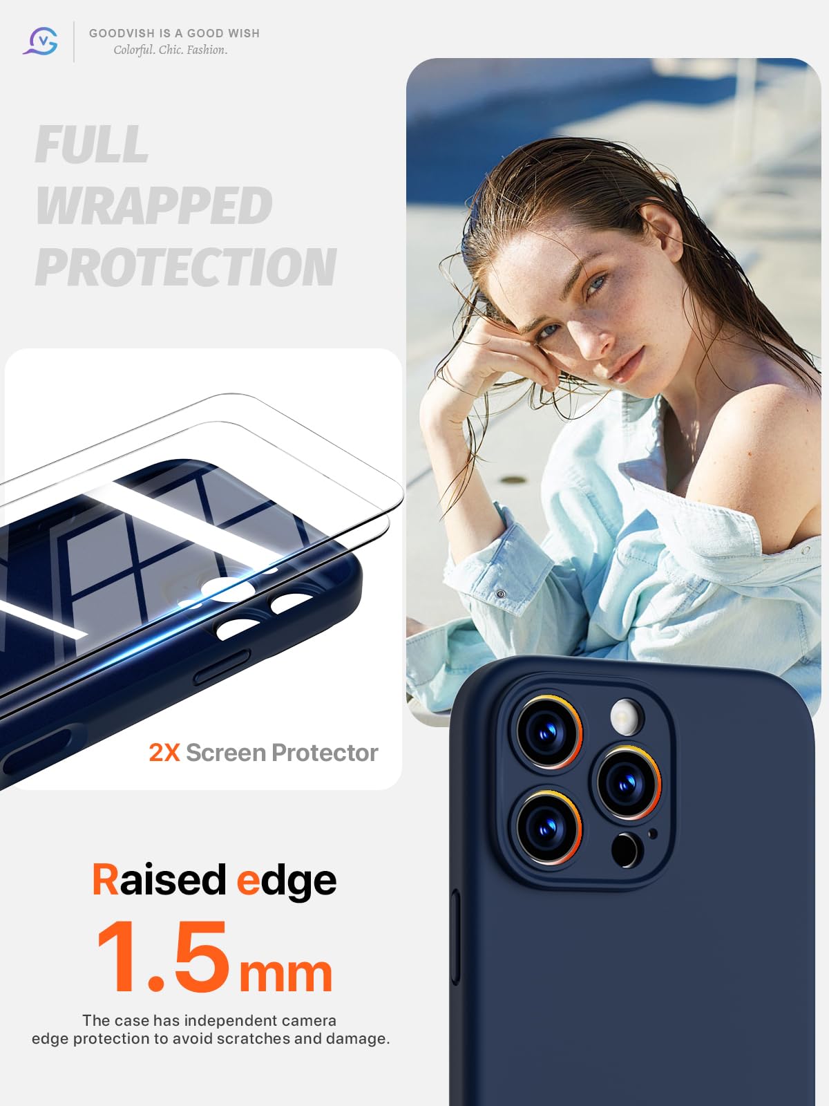 GOODVISH 3 in 1 Silicone Cover per iPhone 16 Pro Max 6.9", Custodia con 2 Pellicola Vetro Temperato [Protezione Fotocamera] Protezione Anticaduta Case per Cellulare Antiurto Resistente, Blu Navy
