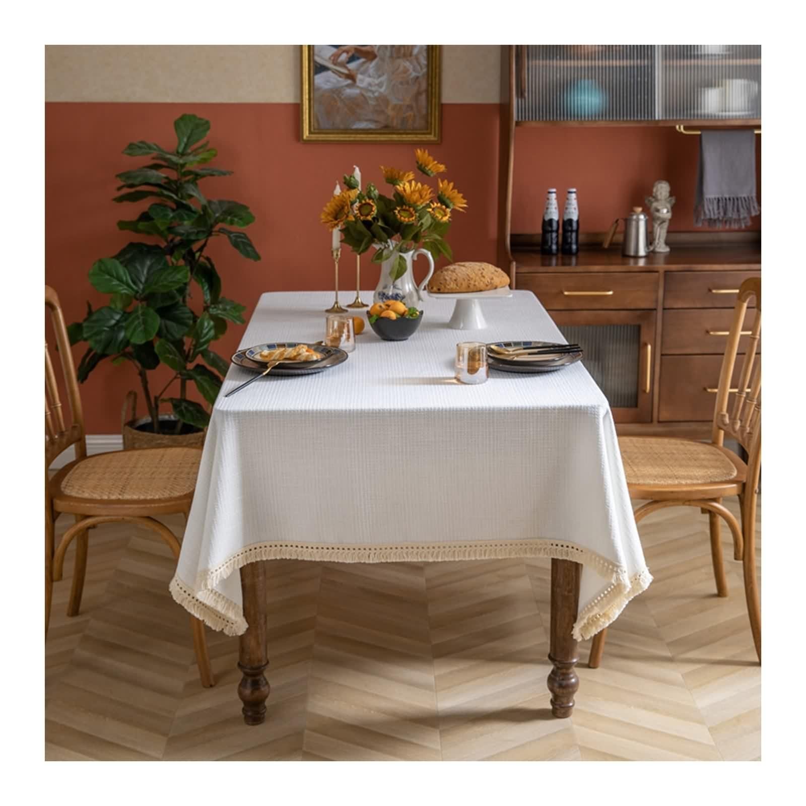 Tovaglia Bianca Elegante Rettangolare, Tovaglia Tavolo Moderna Poliestere Tinta Unita con Nappa Copri Tavolo 140X160CM per Soggiorno Cucina