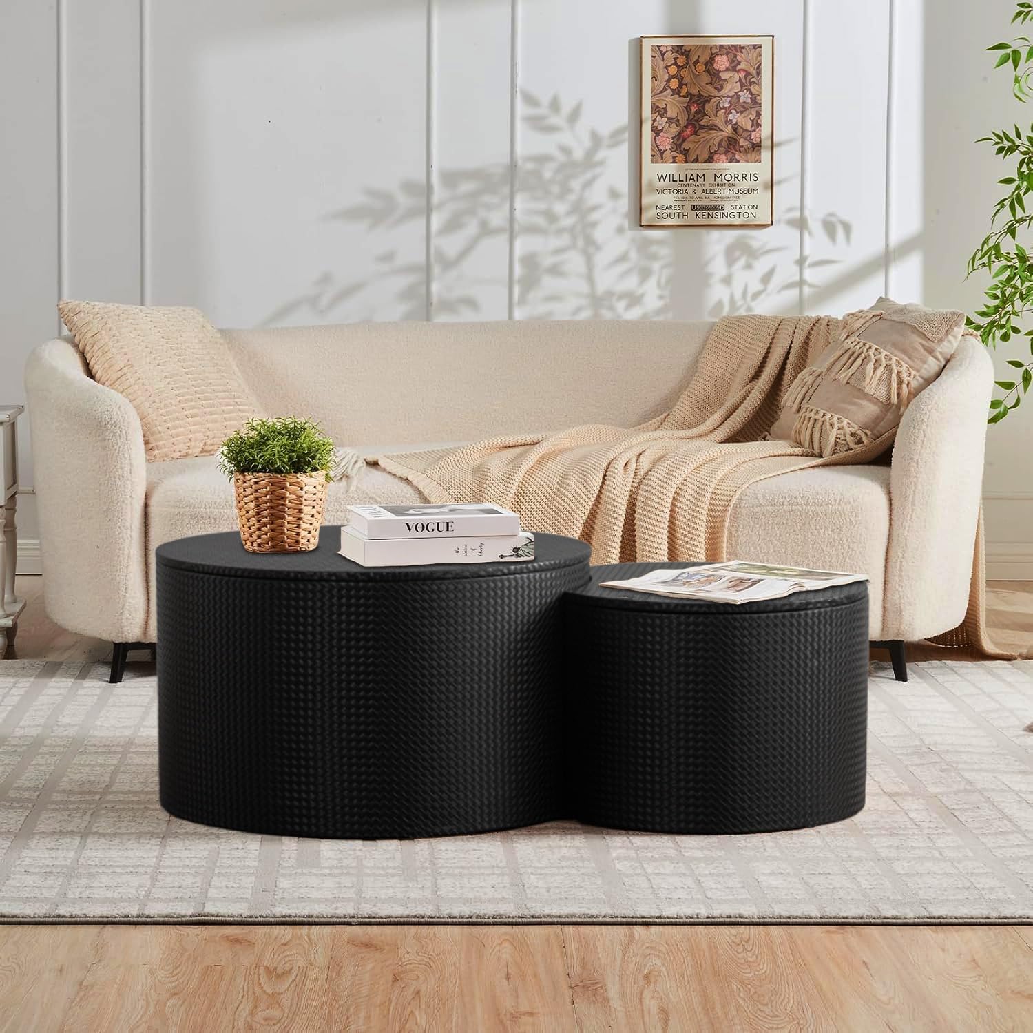 Round Coffee Tables with Storage, Round Nesting Coffee Tables Set of 2 with Storage Leather Veneered Nesting Tables Modern Crescent End Side Table for Living Room (Black)