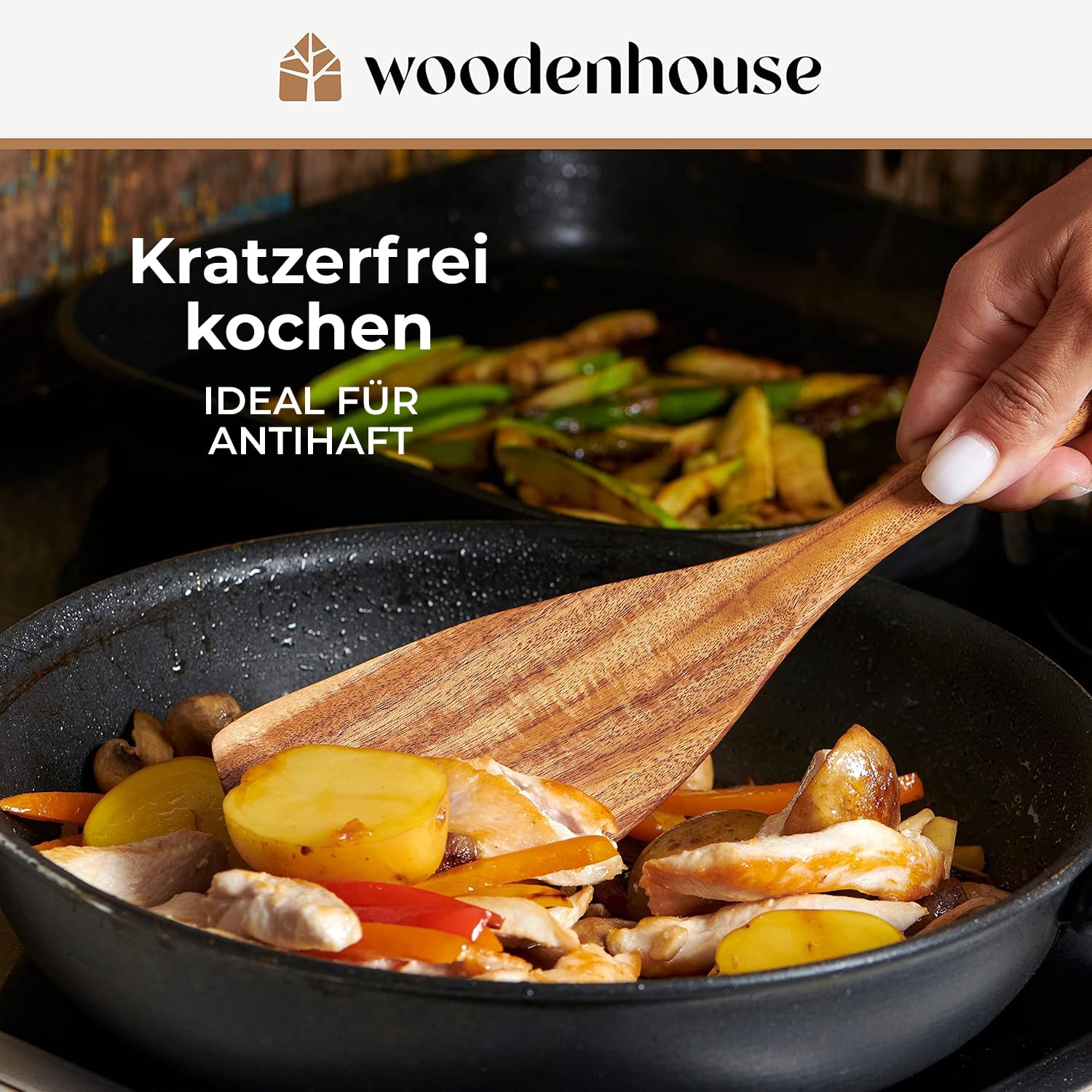 Kochlöffel Holz Set - Holzkochlöffel 10 Stück aus Teakholz - Holzlöffel, Pfannenwender Holz und weitere Kochbesteck Set - Natürlich & Perfekt für Antihaft. Leicht & Hitzebeständig Küchenutensilien