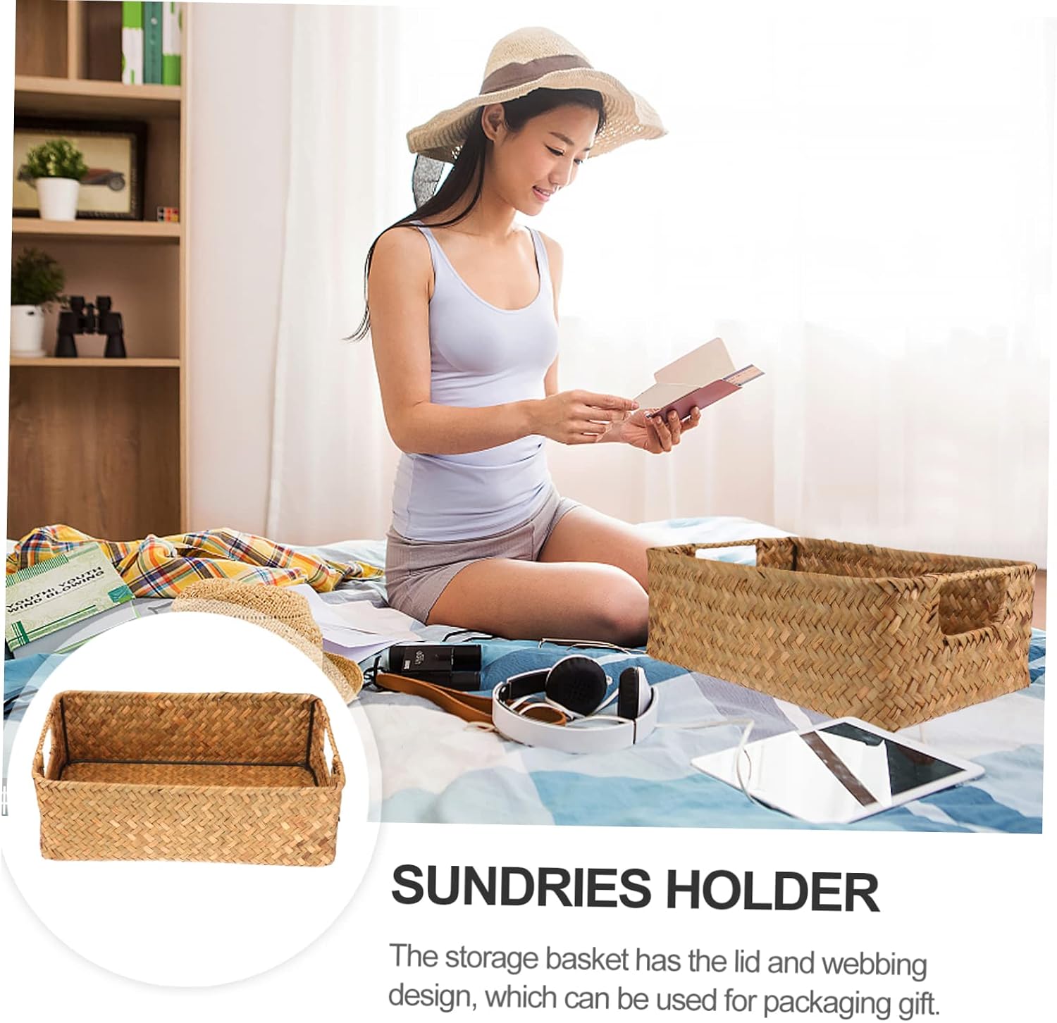 INOOMP Retro Hand-Woven Seaweed Storage Basket Rectangular Sundries Organizer Box for Home Yellow 30x20x10CM for Toys Cosmetics and Miscellaneous Items