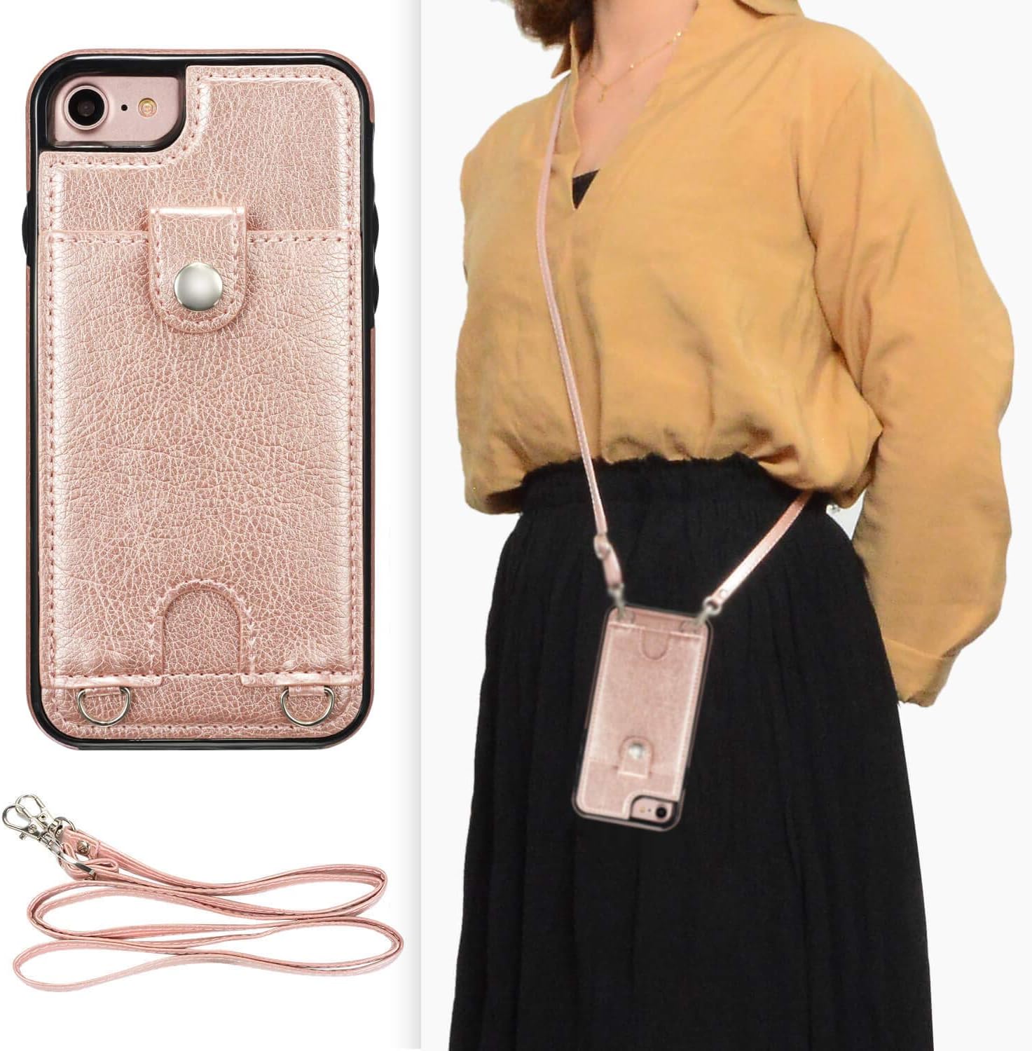 DEFBSC Lanyard Case for iPhone 7 Plus/iPhone 8 Plus, Adjustable Crossbody Lanyard Strap Premium PU Leather with Card Holder,Waterproof Protective Back Cover for iPhone 7 Plus/iPhone 8 Plus,Rose Gold