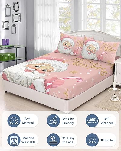 Miniatura 3 de Ruian Store Juego de sábanas bajeras de tamaño Queen de 5 a 16 pulgadas de profundidad, lindo Papá Noel, suave sábana bajera de copo de nieve y