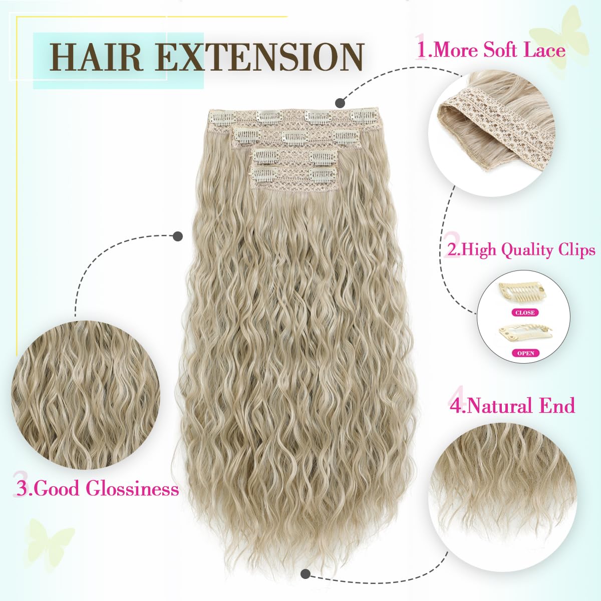 VEGALILY Upgrade 4PCS Hair Extensions Clip in 20inch Pearl Blonde Hair extensions Long Curly Clip in hair Extension Natural Hairpieces for Women - Image 2